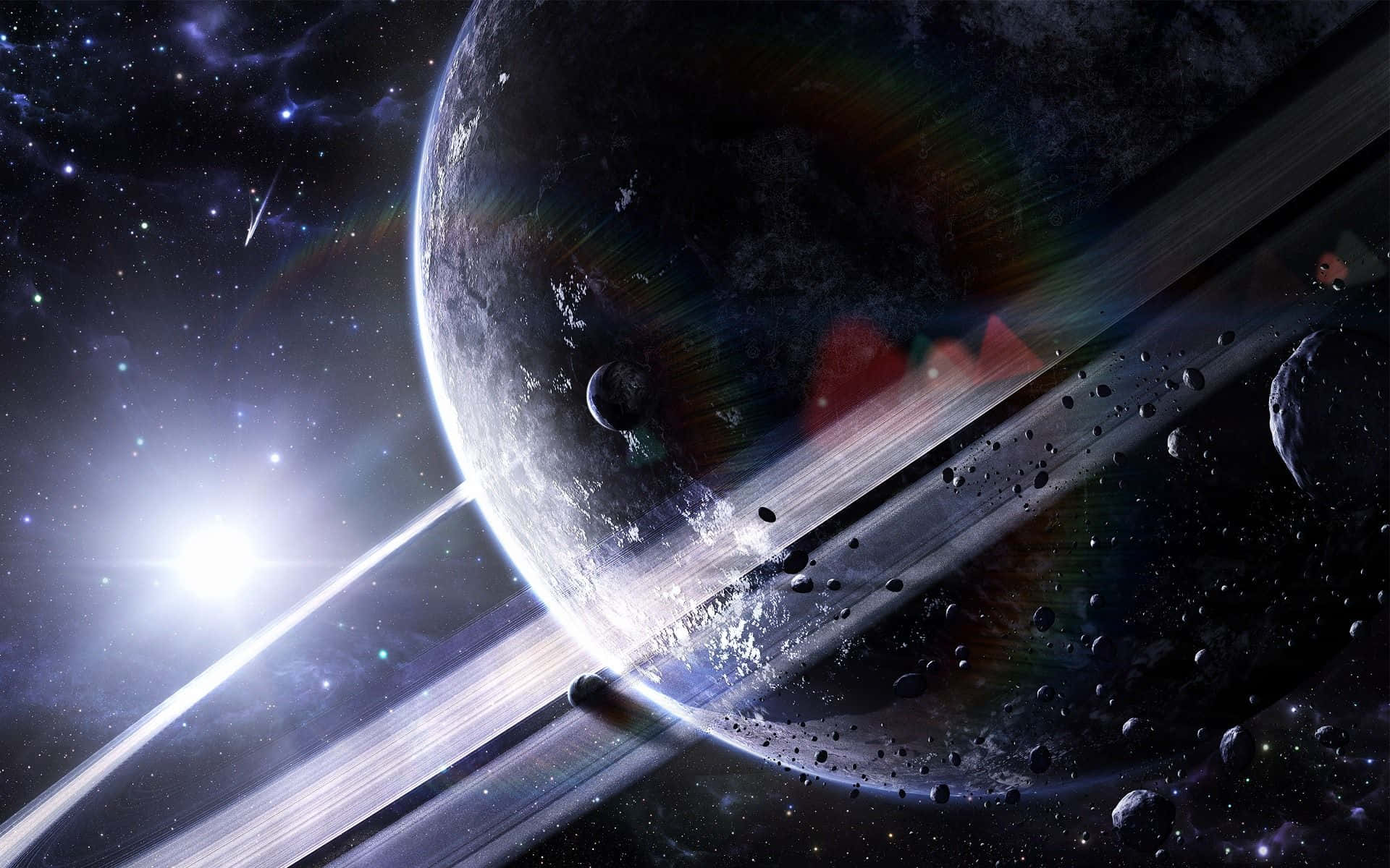 酷炫太空 桌布 壁紙 — 一顆宏偉的環狀行星在一顆明亮的恆星下發光，小行星在宇宙塵埃中漂流。