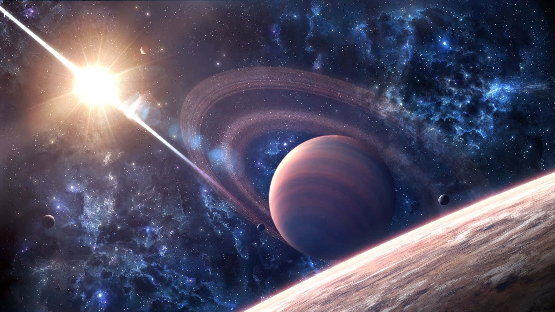 Stars 桌布 壁紙 — 一顆宏偉的環狀行星在光芒四射的恆星下發光，背景是充滿遙遠宇宙光點的旋轉星雲。