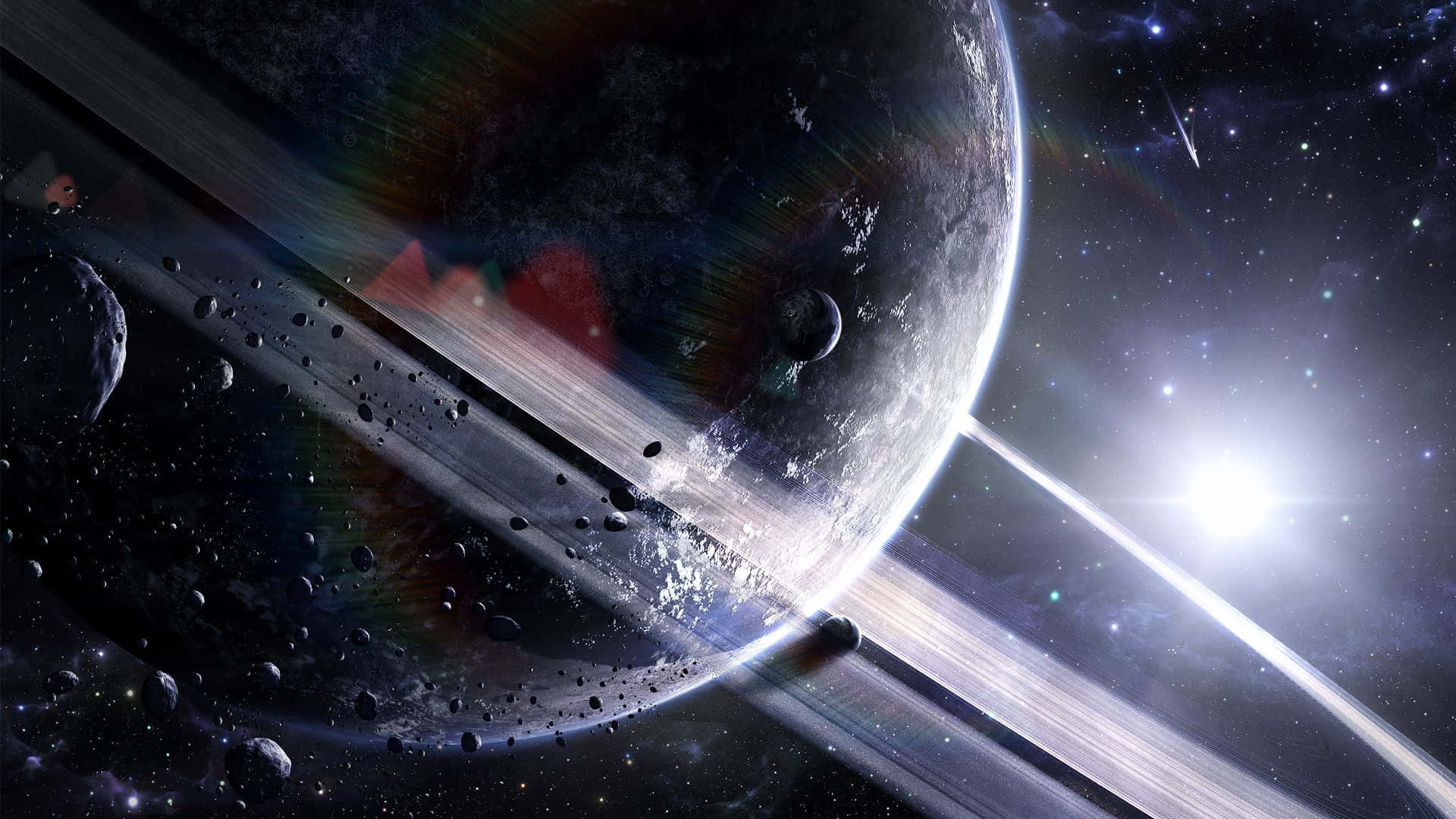 酷炫太空 桌布 壁紙 — 一顆宏偉的環狀行星在明亮恆星下發光，帶有色彩繽紛的大氣帶和漂浮在深空中的小行星。