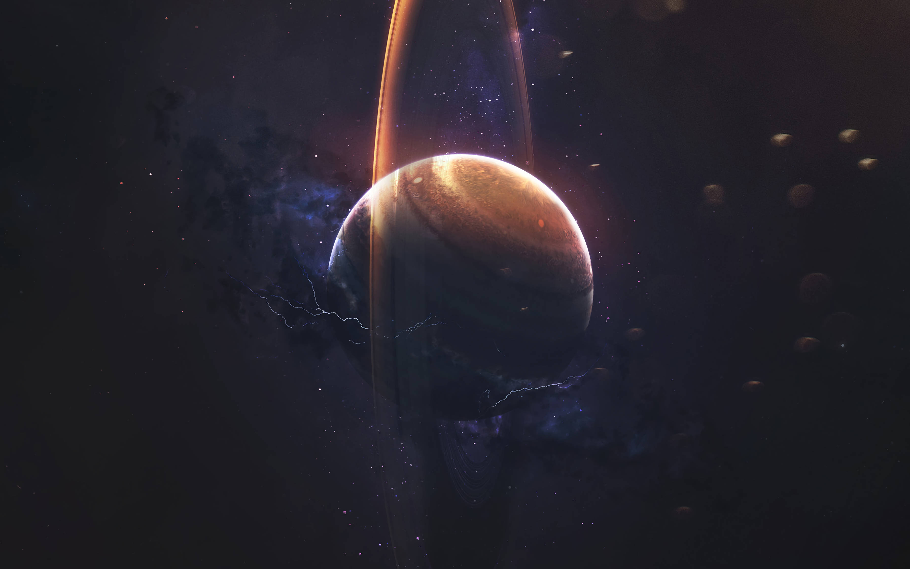 土星 桌布 壁紙 — 一顆宏偉的環狀行星在繁星點點的宇宙背景下溫暖地發光，伴隨著旋轉的星雲和遙遠的衛星。