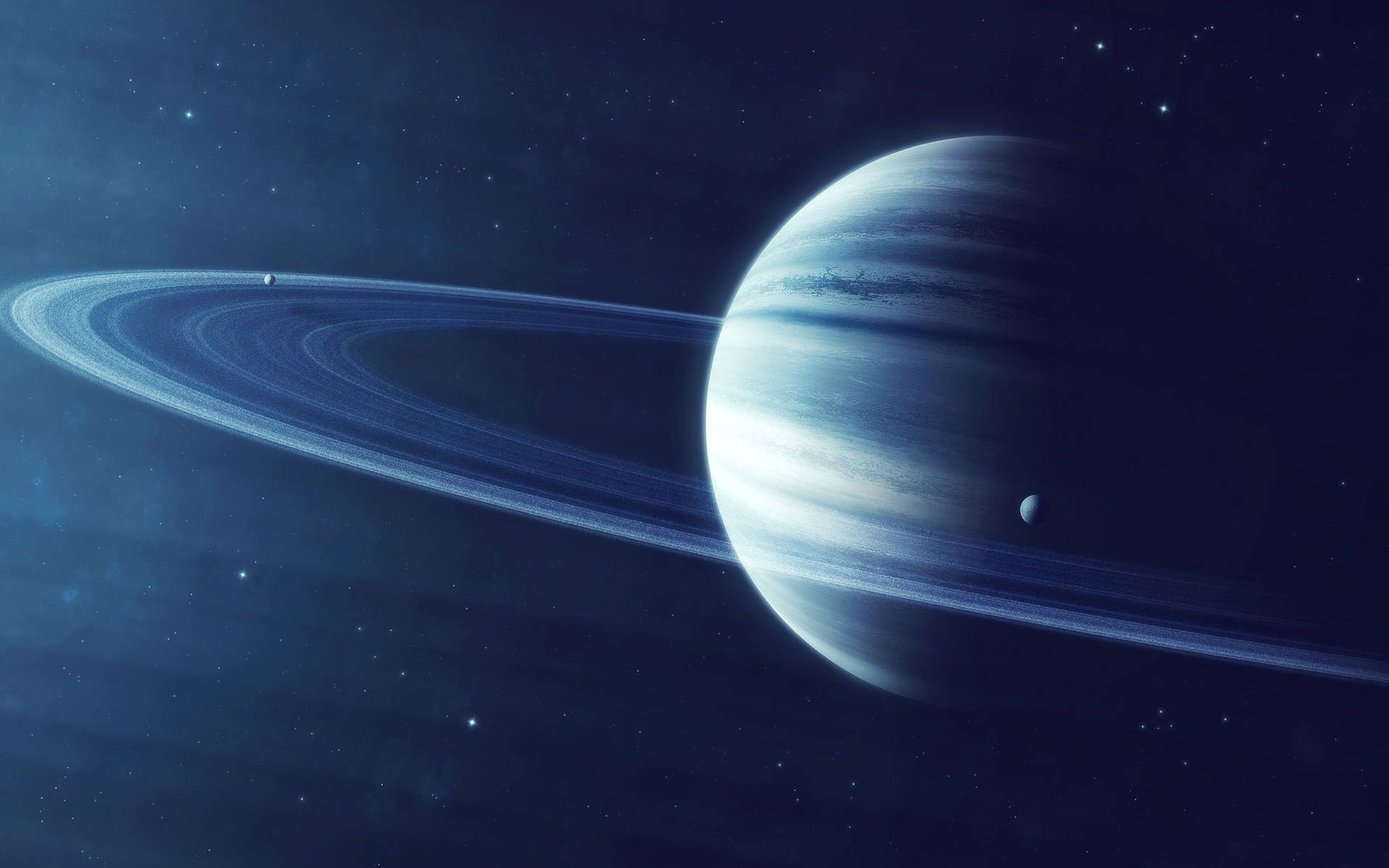一顆藍色環狀行星，在星空夜空中擁有兩顆衛星。 — 太陽系 GIF 壁紙