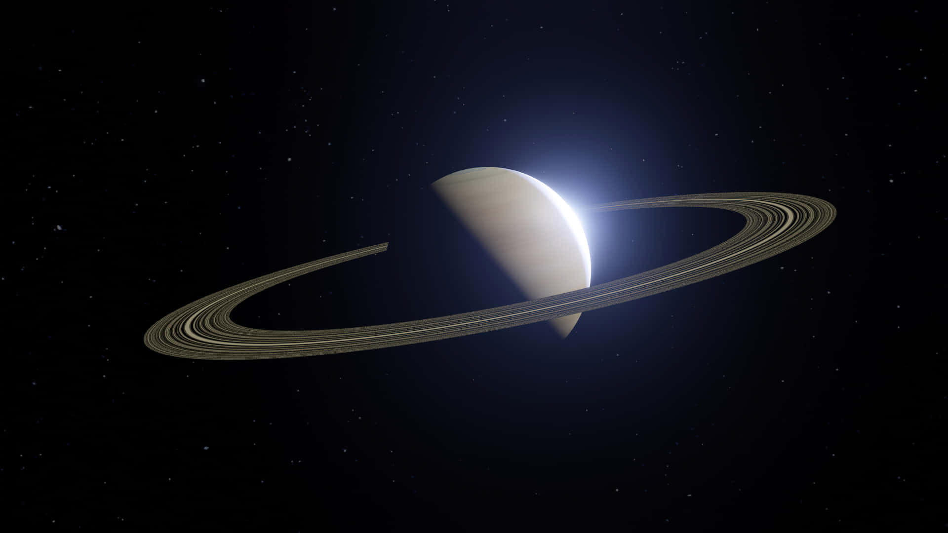 土星 桌布 壁紙 — 一顆宏偉的環狀行星在繁星點點的虛空中發光，陽光穿透其大氣層。