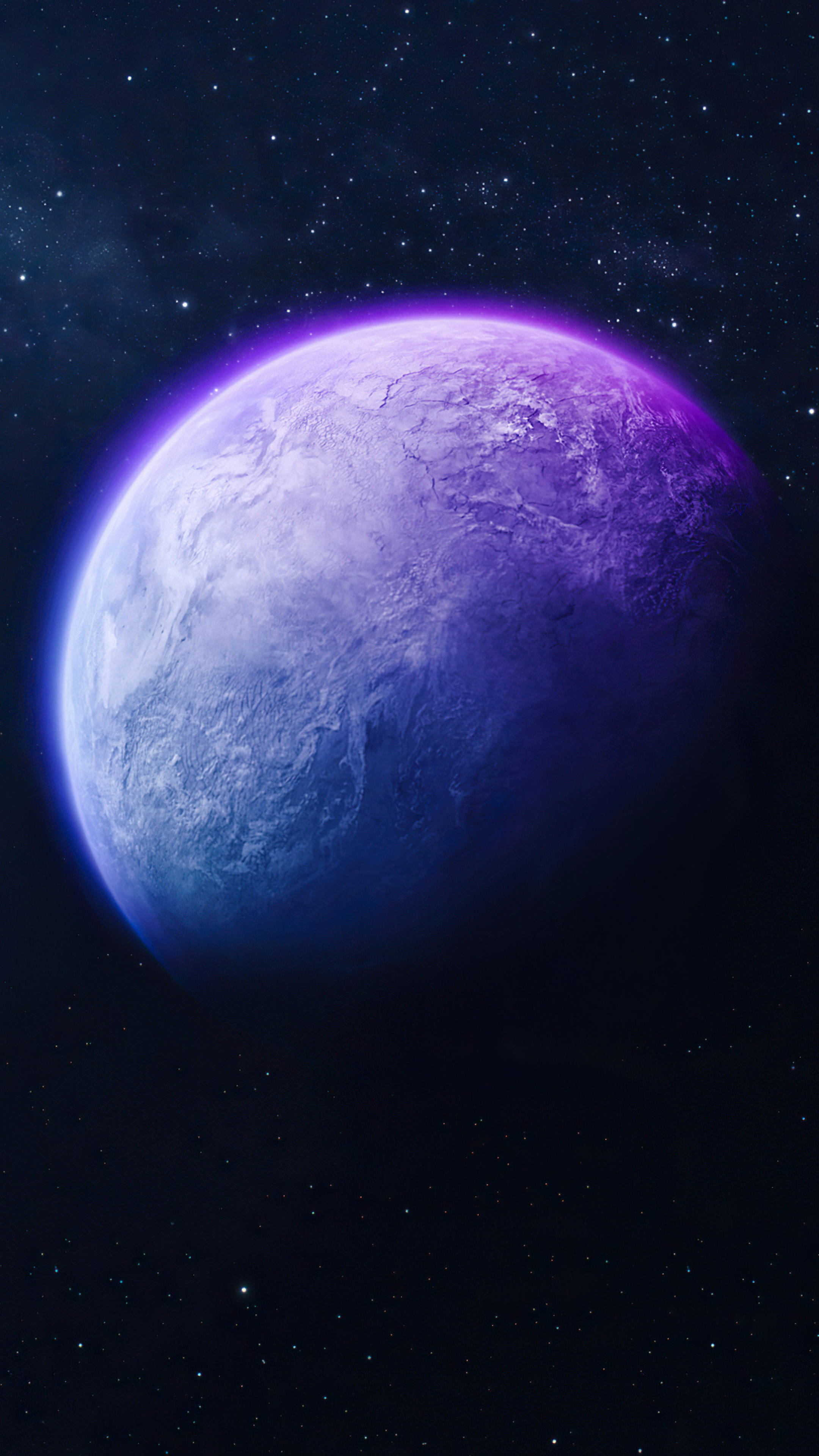 行星動畫 桌布 壁紙 — 一顆宏偉的紫色和藍色行星在繁星點點的宇宙背景下發光，帶有耀眼的大氣光暈。