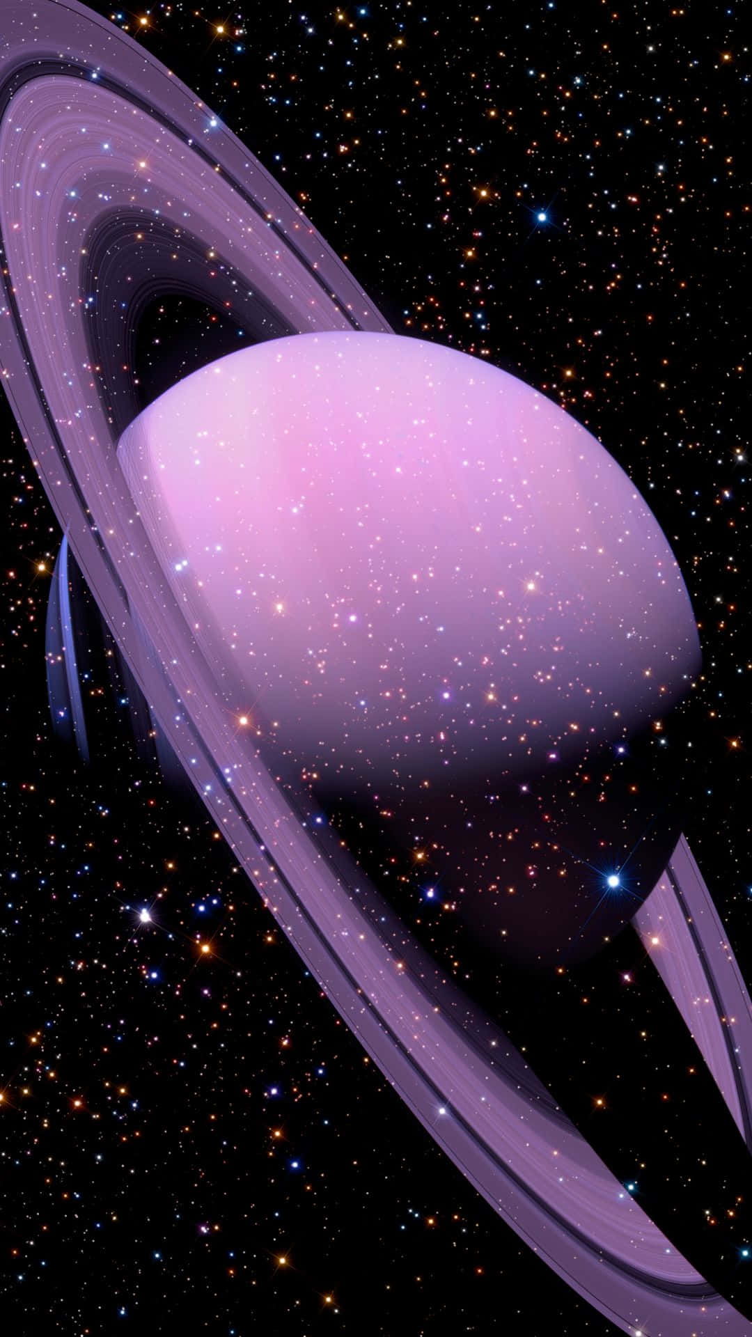 行星動畫 桌布 壁紙 — 一顆宏偉的紫色行星，帶有發光的光環，漂浮在由多彩星星組成的星場中。