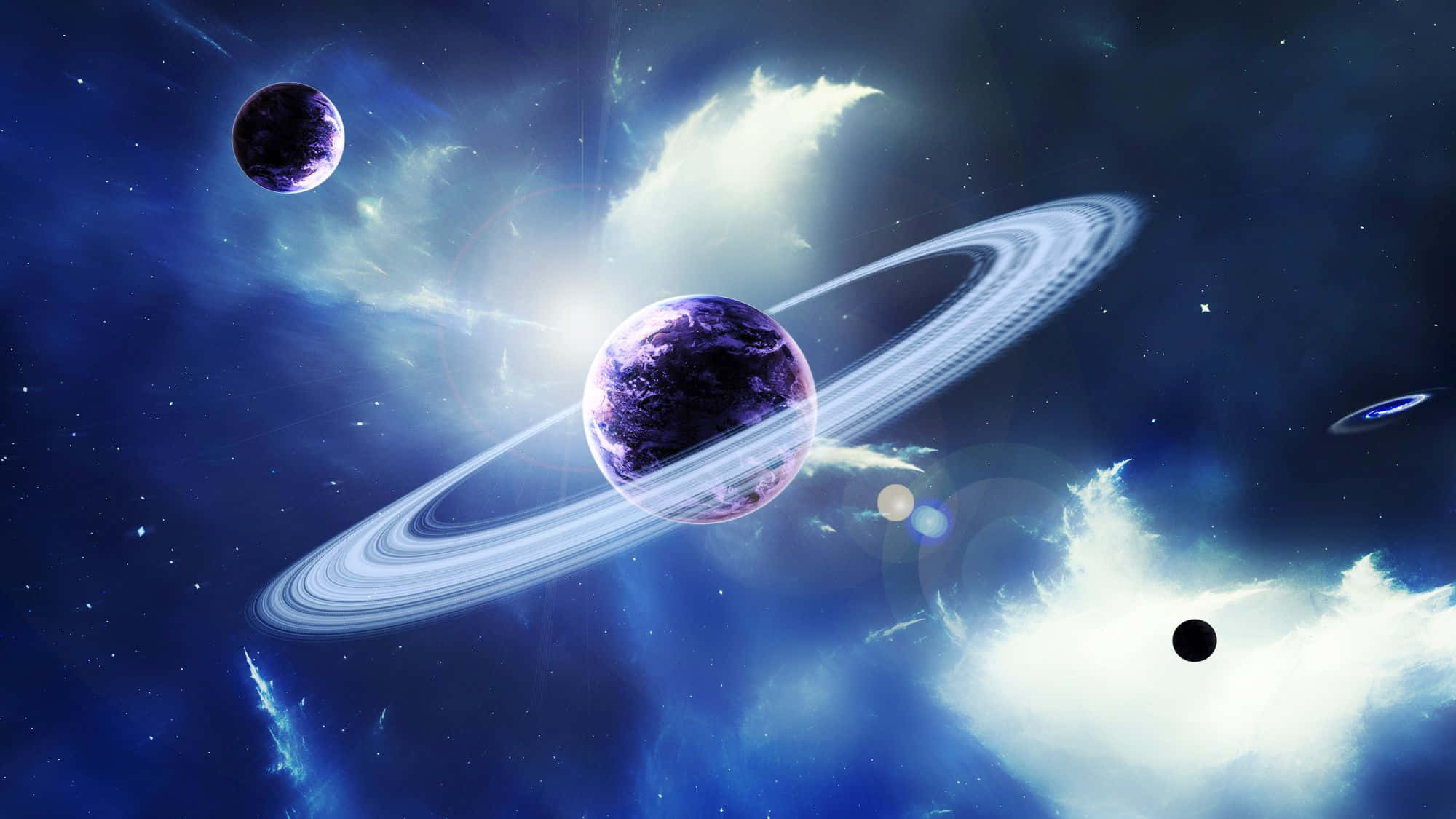 Exoplanet 桌布 壁紙 — 一顆宏偉的紫色行星帶著發光的光環，漂浮在深藍色星雲中的宇宙雲和遙遠恆星之間。