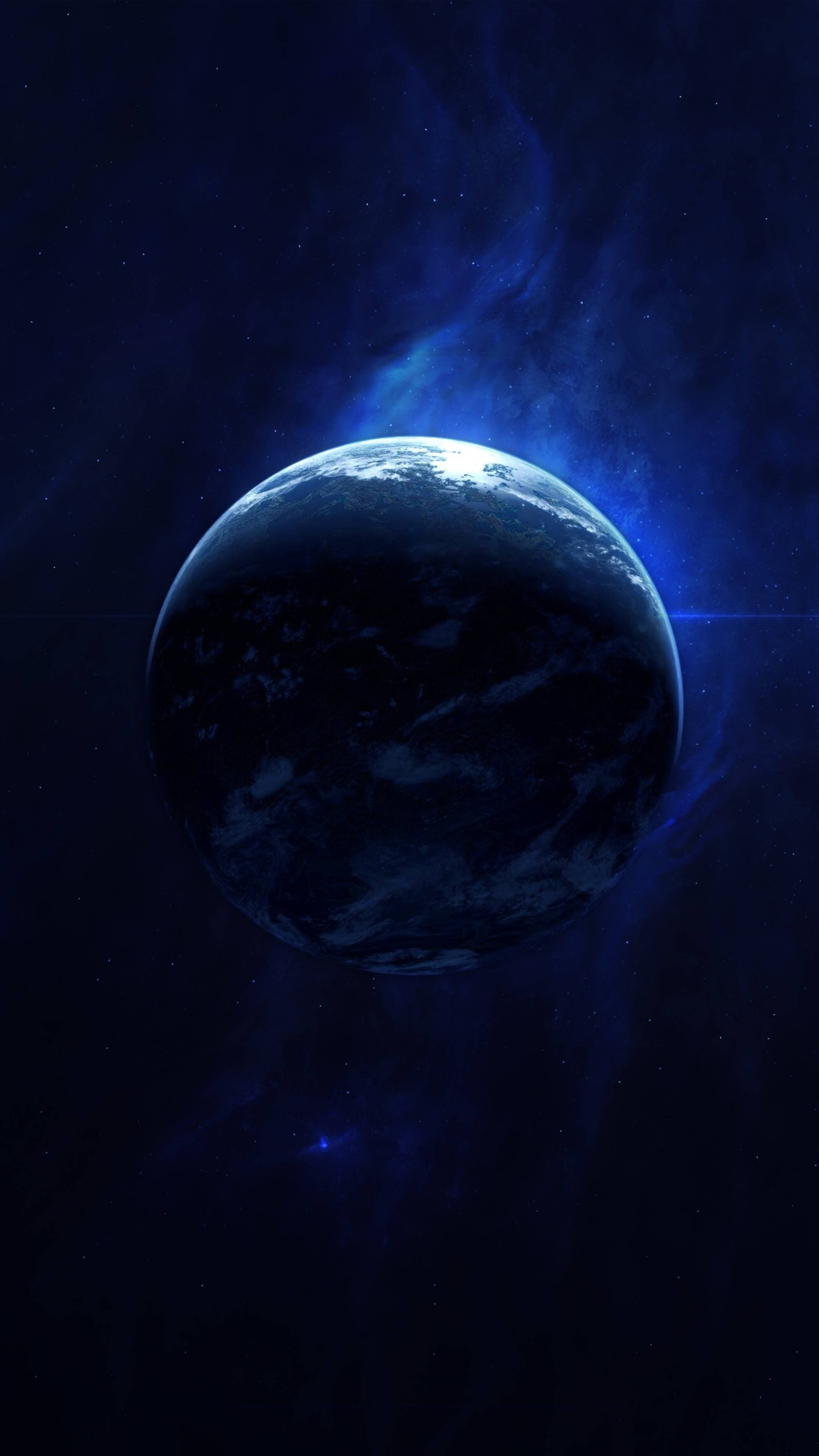 行星動畫 桌布 壁紙 — 一顆宏偉的藍色行星在星光熠熠的宇宙背景中發光，伴隨著旋轉的星雲和耀眼的光束。