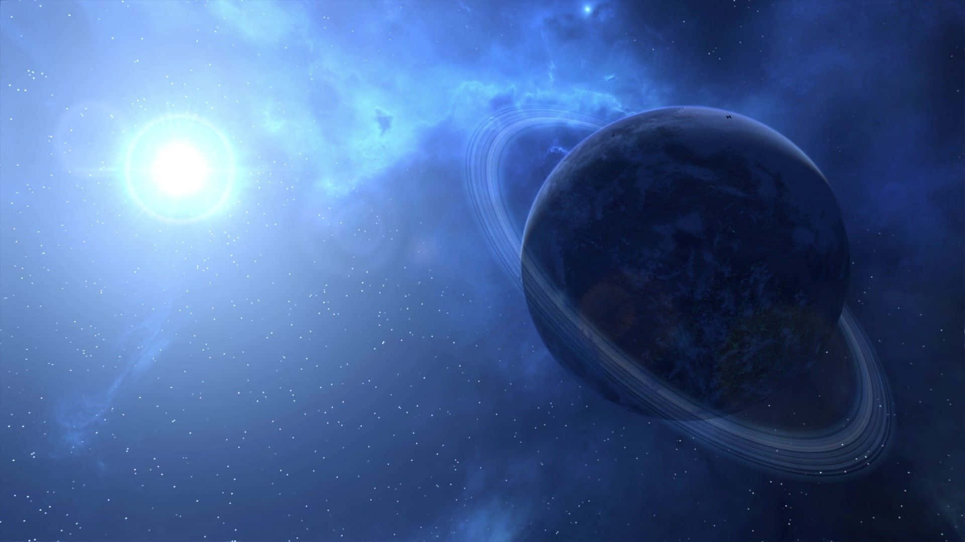 太空 桌布 壁紙 — 一顆宏偉的藍色行星帶有光環，在旋轉的宇宙雲和遙遠恆星中繞著一顆明亮的恆星運行。