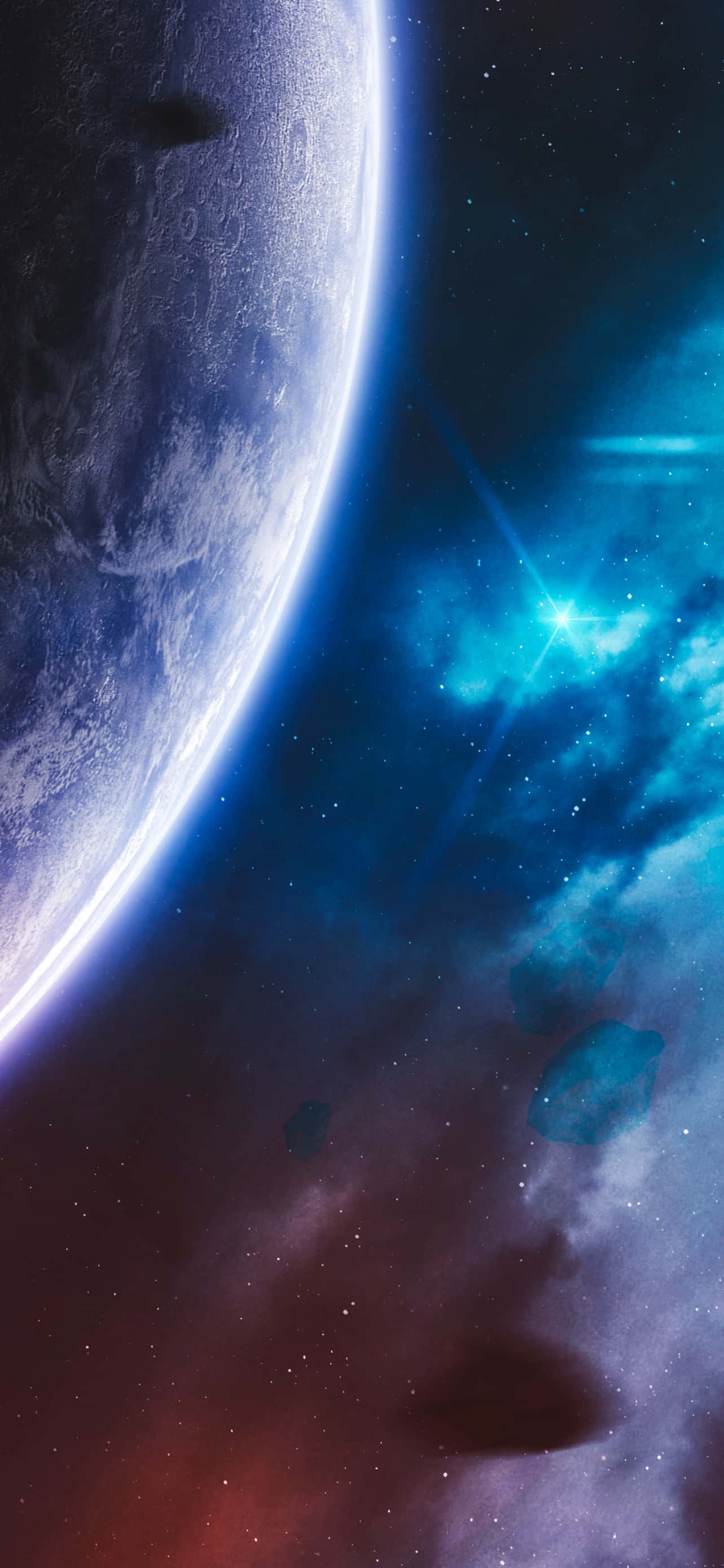 銀河 桌布 壁紙 — 一顆宏偉的行星在充滿發光星雲和漂浮小行星的充滿活力的宇宙背景下彎曲。