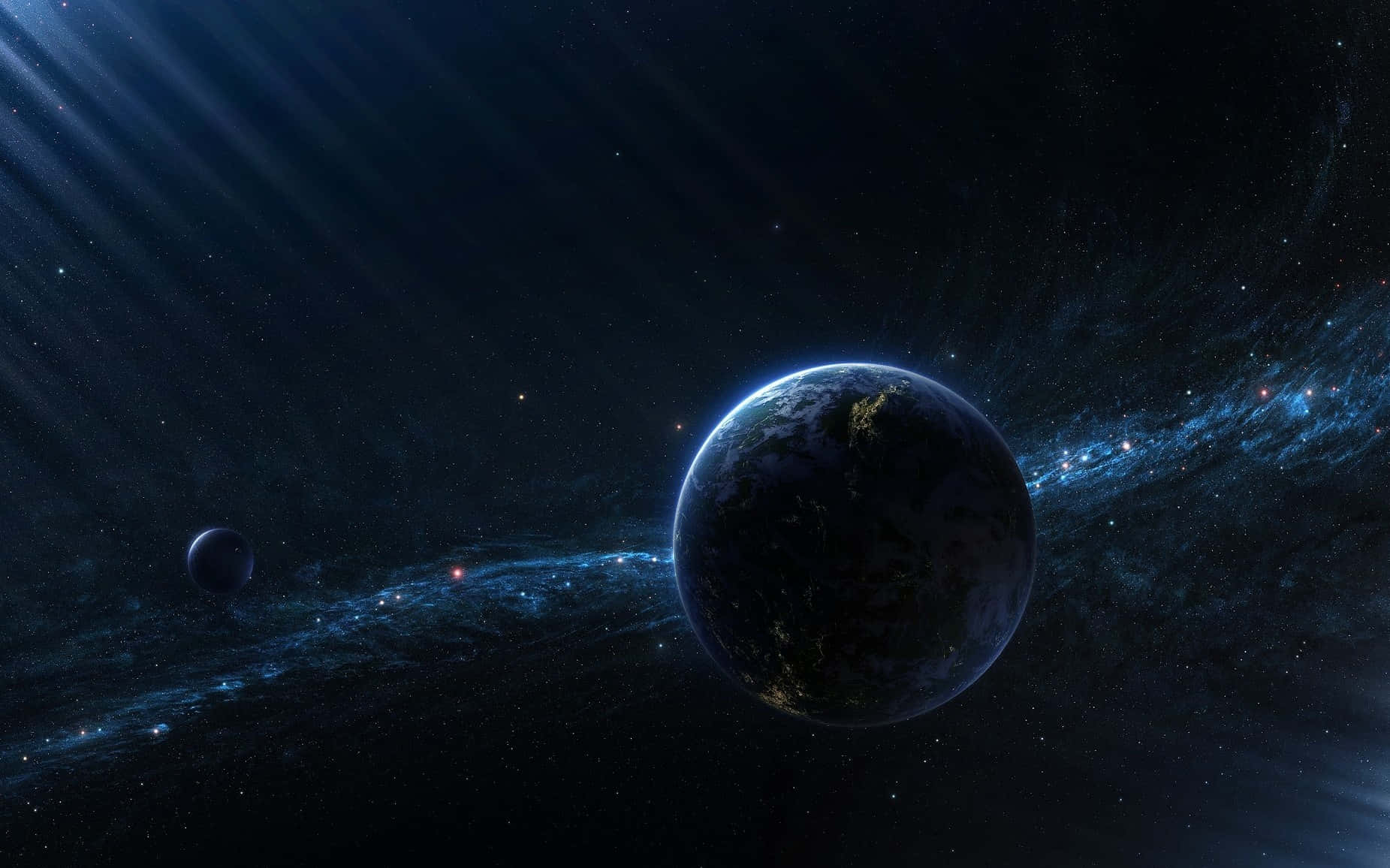 planet earth 桌布 壁紙 — 一顆宏偉的行星帶有發光的城市燈光，在宇宙塵埃和遙遠恆星之間繞著一顆恆星運行。