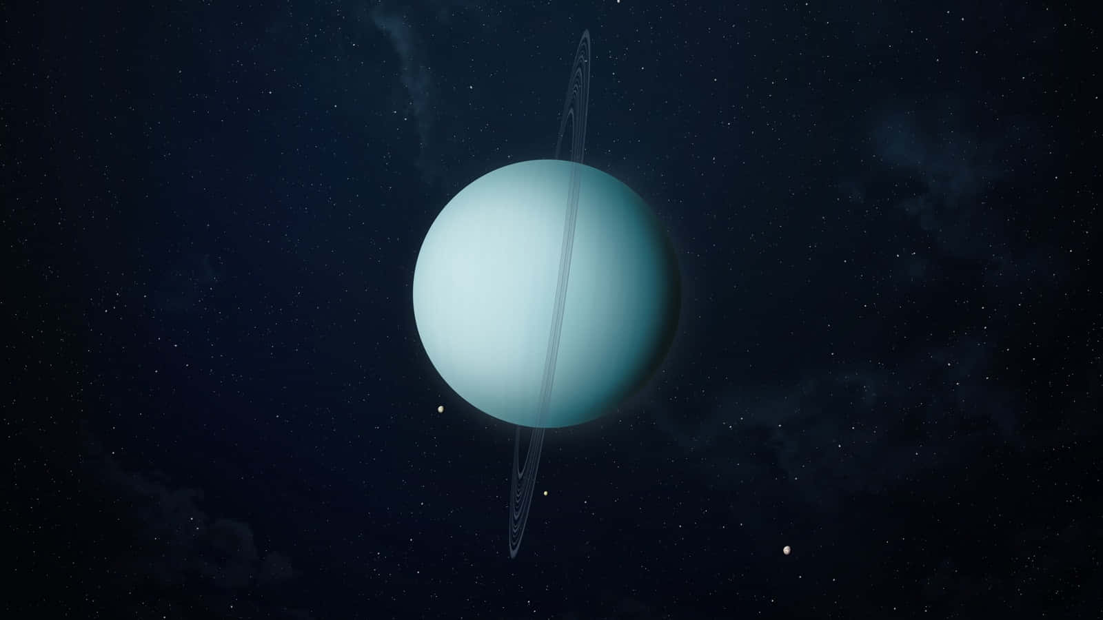 Uranus 桌布 壁紙 — 一顆寧靜的藍色行星帶有薄環，在繁星點點的宇宙背景中閃耀，遠處有衛星。