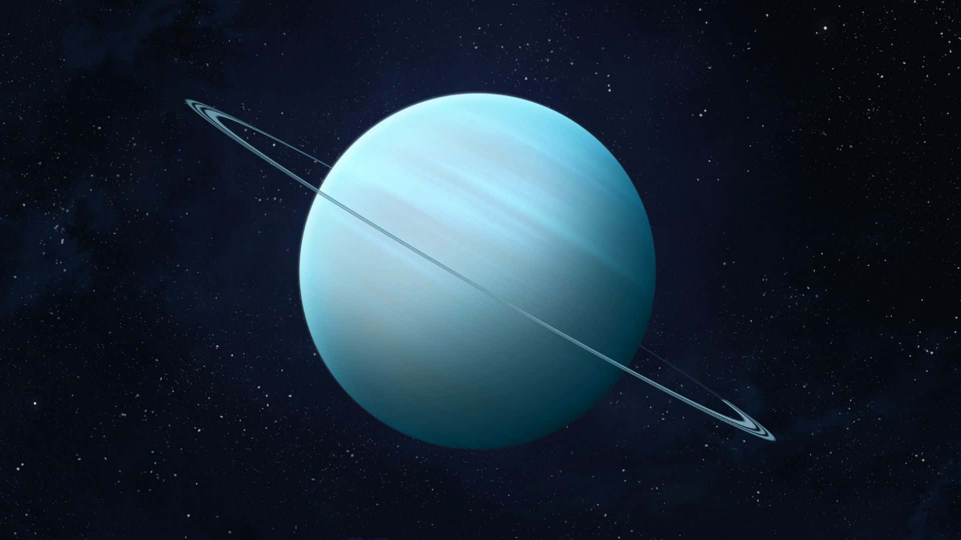 行星動畫 桌布 壁紙 — 一顆寧靜的藍色行星帶著微弱的環，在星光燦爛的宇宙背景中發光。