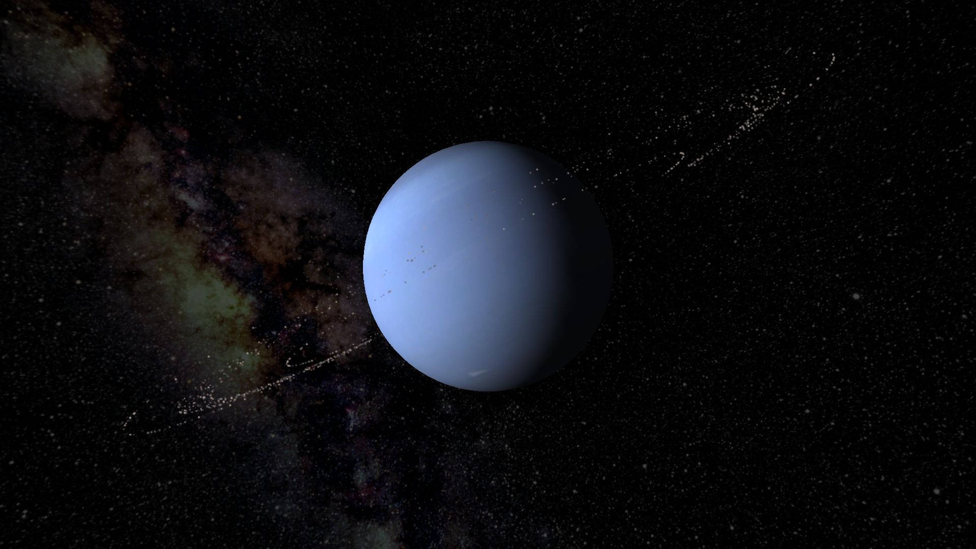一顆帶有環的藍色行星在深空中繞著色彩繽紛的星雲運行。 — 太陽系 GIF 壁紙