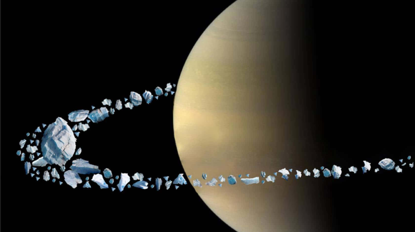 土星 桌布 壁紙 — 一顆巨大的冰行星，帶有由參差不齊的藍白色冰塊組成的薄環，在黑色虛空中運行。