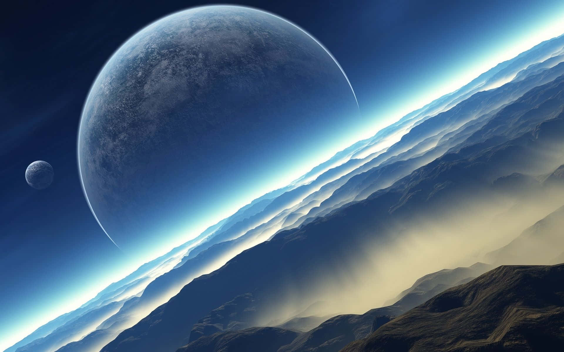 酷炫太空 桌布 壁紙 — 一顆巨大的外星行星在深藍色天空下籠罩著崎嶇的山脈，附近還有一顆較小的衛星。