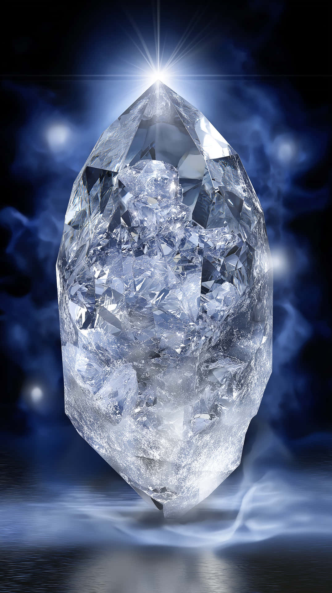 Lumina Crystal Shard 壁紙 — 一顆巨大的多面鑽石在深藍色煙霧背景上散發內部光芒，帶有星爆高光。
