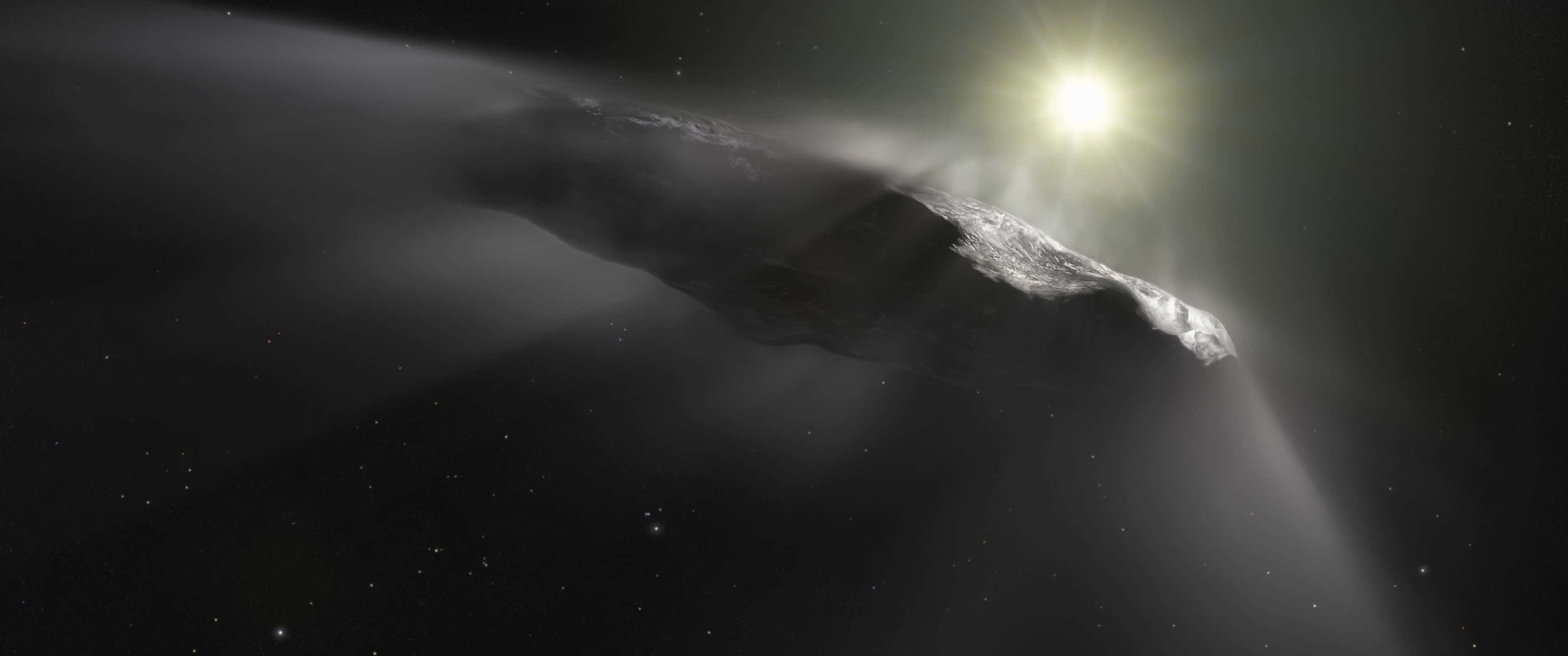 銀河 桌布 壁紙 — 一顆巨大的小行星在太空中滑行，明亮的太陽在其後方投射出戲劇性的光線，背景是星場。