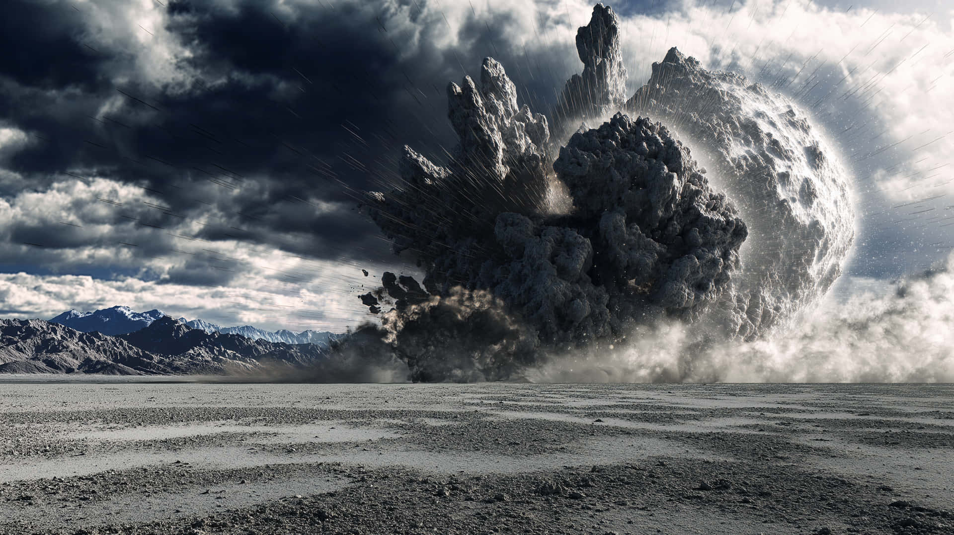 Colossal Meteorite Impact with Explosive Dust Cloud 壁紙 — 一顆巨大的小行星撞擊荒蕪的沙漠地貌，在暴風雨的天空下揚起巨大的塵埃和碎片柱。
