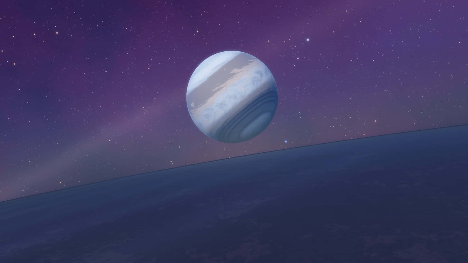 Minimalist Space 桌布 壁紙 — 一顆巨大的條紋行星懸掛在繁星點點的紫色天空中，下方是深藍色的外星海洋地平線。