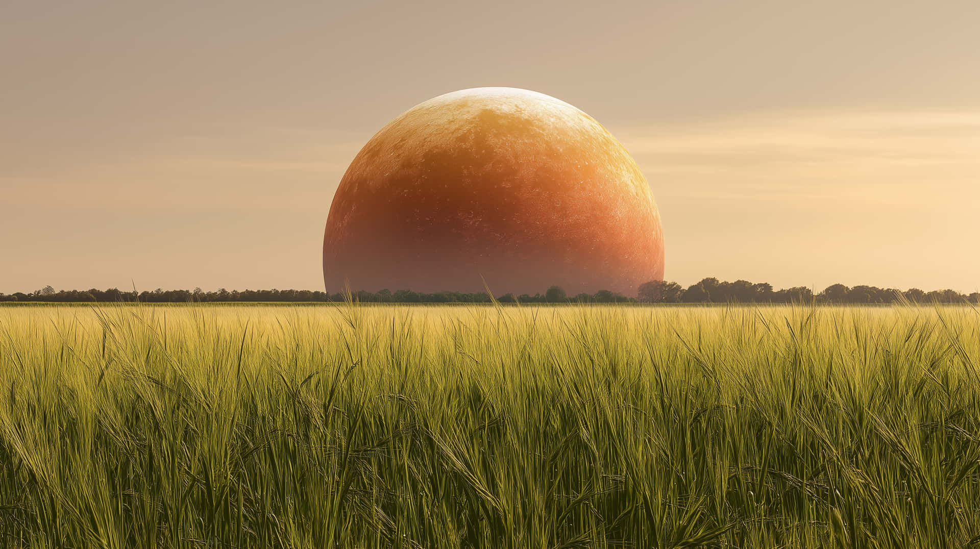 Orange Planet Rising Above Vast Golden Crop Field Horizon 壁紙 — 一顆巨大的橙色星球懸浮在金色麥田之上，天空朦朧。