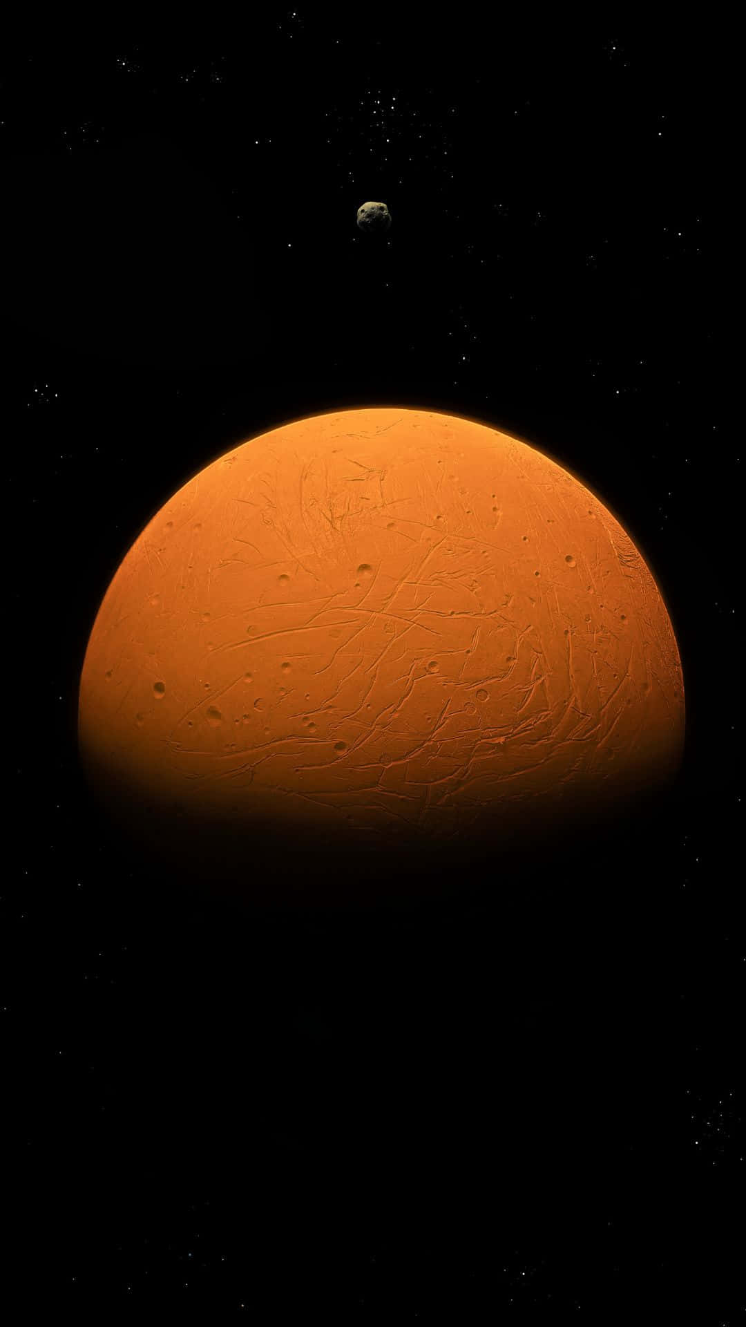 行星動畫 桌布 壁紙 — 一顆巨大的橙色行星，表面佈滿裂紋，主宰著佈滿星辰的黑色虛空，上方漂浮著一顆小衛星。