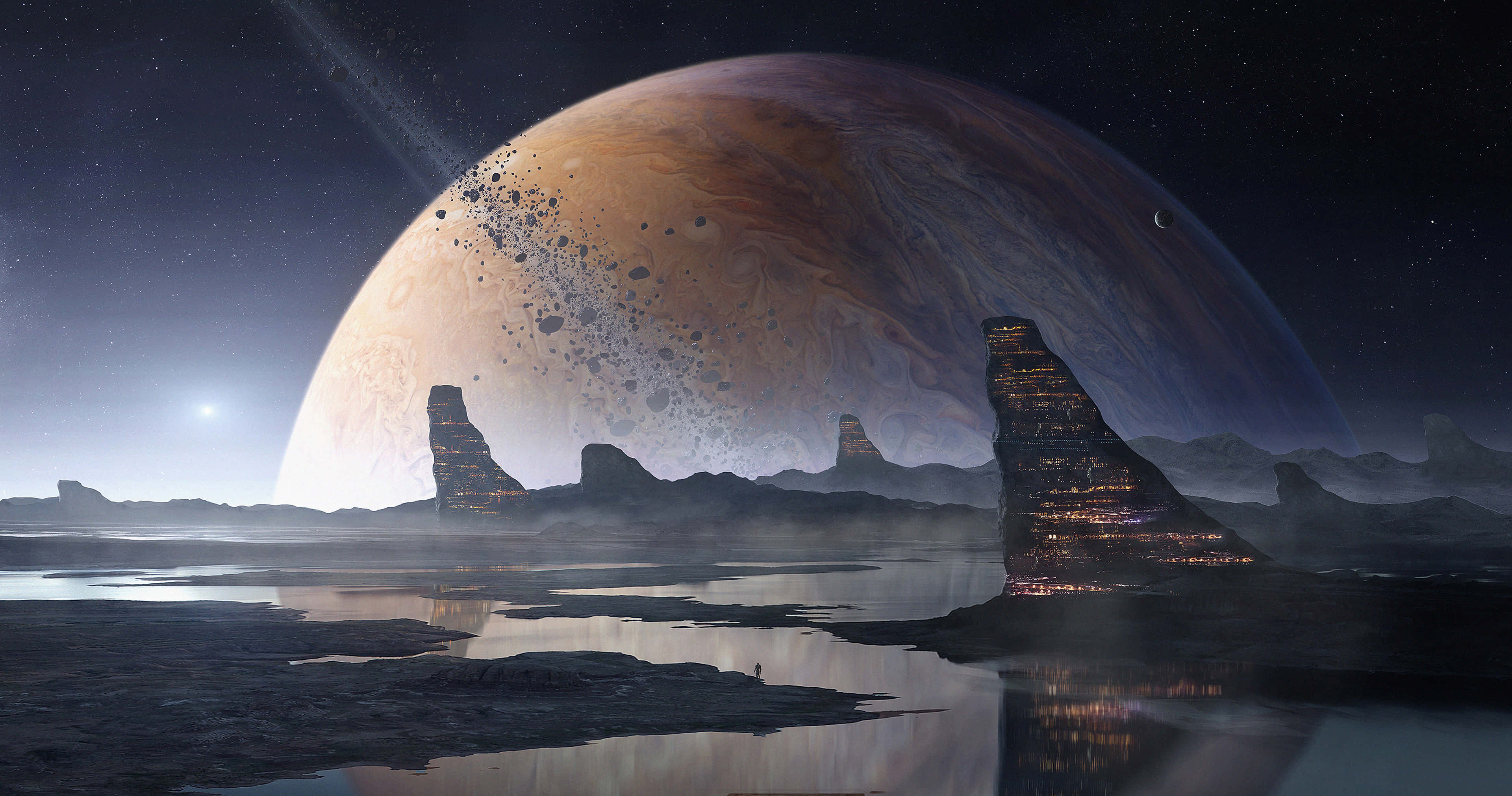 桌布 壁紙 — 一顆巨大的氣體行星籠罩在霧氣瀰漫的外星景觀上，發光的摩天大樓倒映在水中。