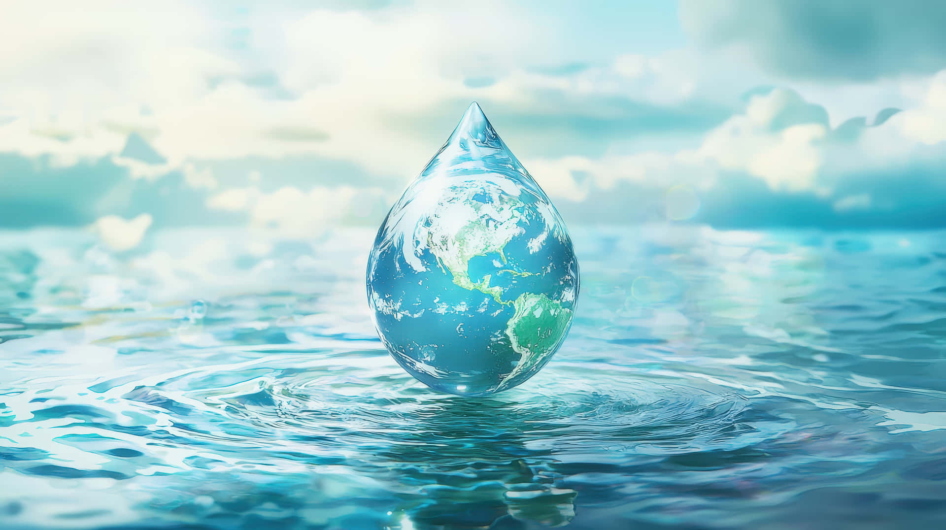 A symbolic image of a water droplet containing the Earth, floating on rippling water 壁紙 — 一顆巨大的水晶水滴懸浮在波光粼粼的海面上，倒映著地球的藍色和綠色陸地