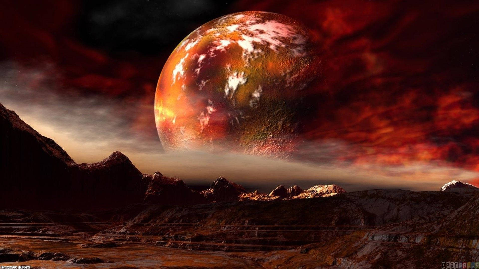Mars 桌布 壁紙 — 一顆巨大的火熱行星籠罩在血紅色的天空下，俯瞰崎嶇的外星景觀。