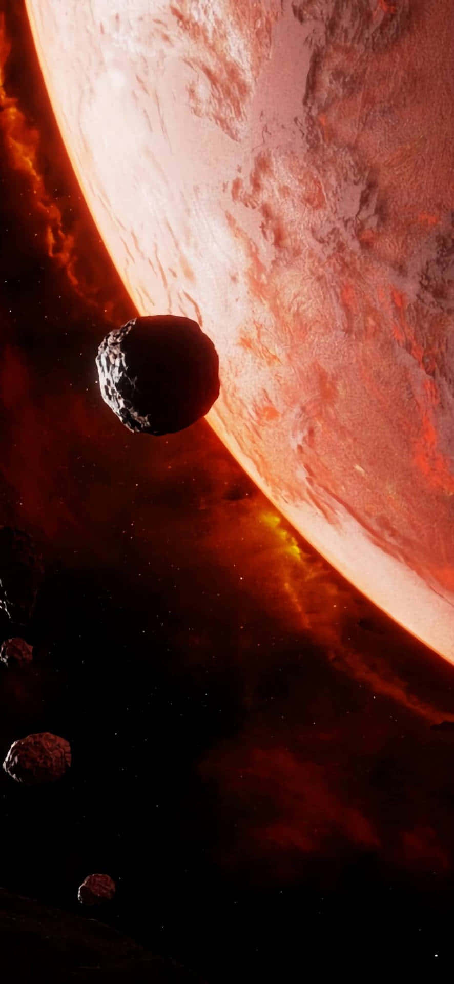 桌布 壁紙 — 一顆巨大的火紅行星懸浮在太空中，一顆黑暗的小行星在其發光的邊緣飄過，背景是佈滿星辰的虛空。
