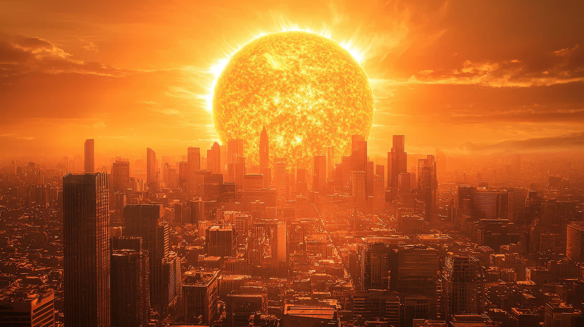 A massive, glowing sun dominates the sky over a futuristic city 壁紙 — 一顆巨大的熾熱太陽籠罩在沐浴著強烈橙色光芒的廣闊城市景觀之上。