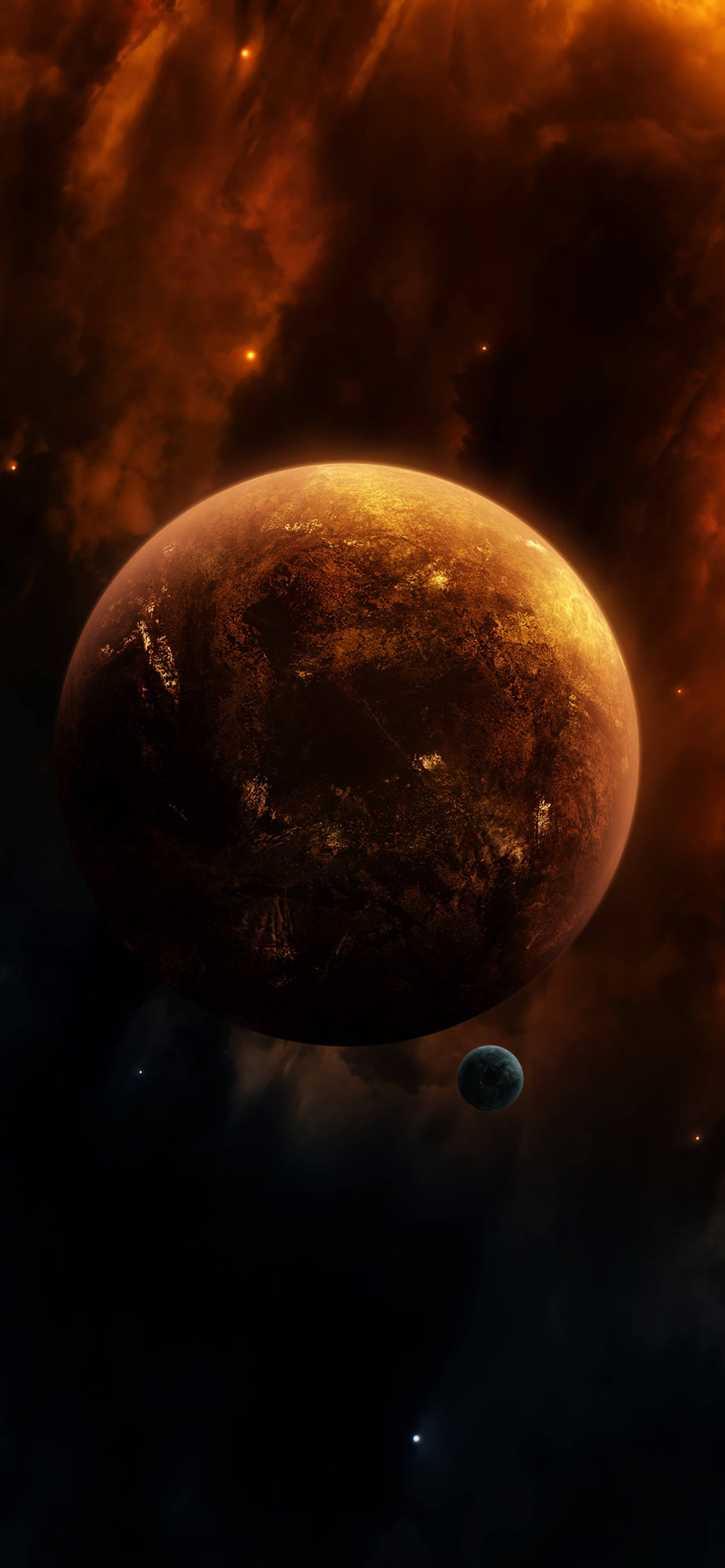 宇宙 桌布 壁紙 — 一顆巨大的熾熱行星主宰著宇宙場景，下方有旋轉的橙色星雲和一顆較小的藍色衛星。