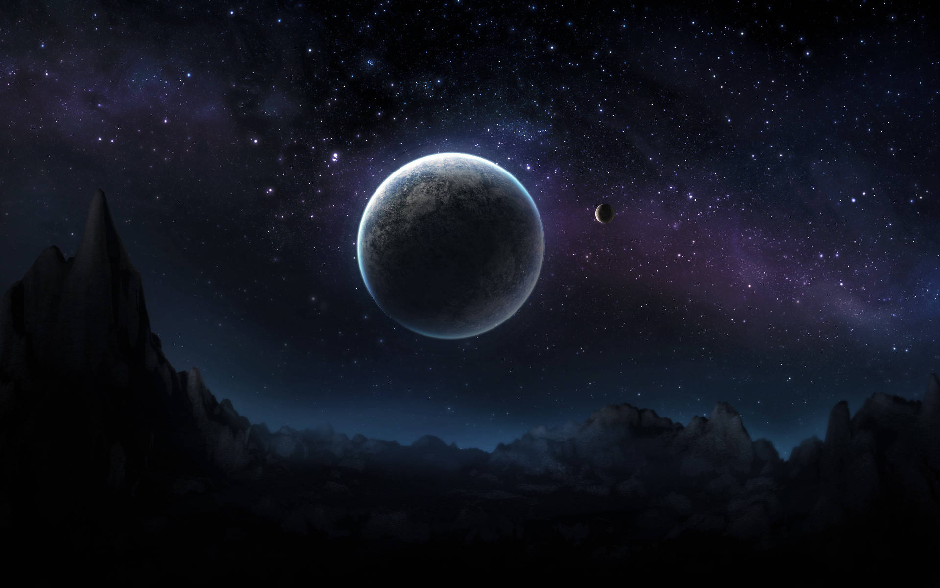 Black Desktop 桌布 壁紙 — 一顆巨大的發光行星懸掛在繁星點點的夜空中，下方是崎嶇的外星山脈，附近還有一顆較小的衛星。