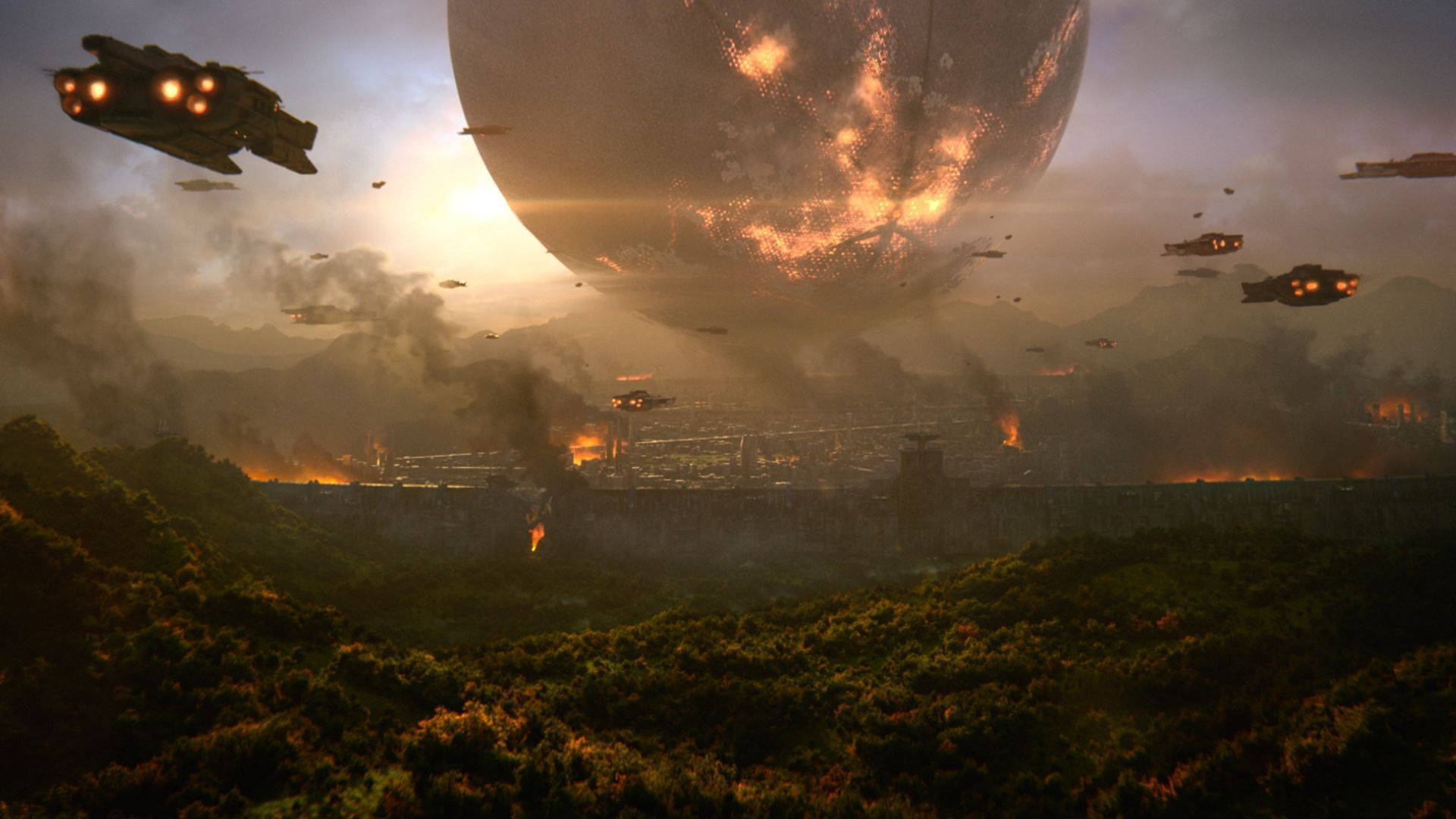 destiny 4K 桌布 壁紙 — 一顆巨大的發光行星籠罩在一個飽受戰爭蹂躪的外星景觀之上，戰鬥機在煙霧瀰漫的天空中劃過燃燒的廢墟。