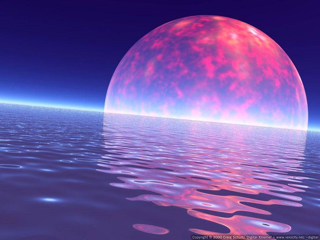行星動畫 桌布 壁紙 — 一顆巨大的粉紅色和紫色行星在平靜的藍色海洋上升起，反射出其鮮豔的色彩，形成超現實的數位場景。