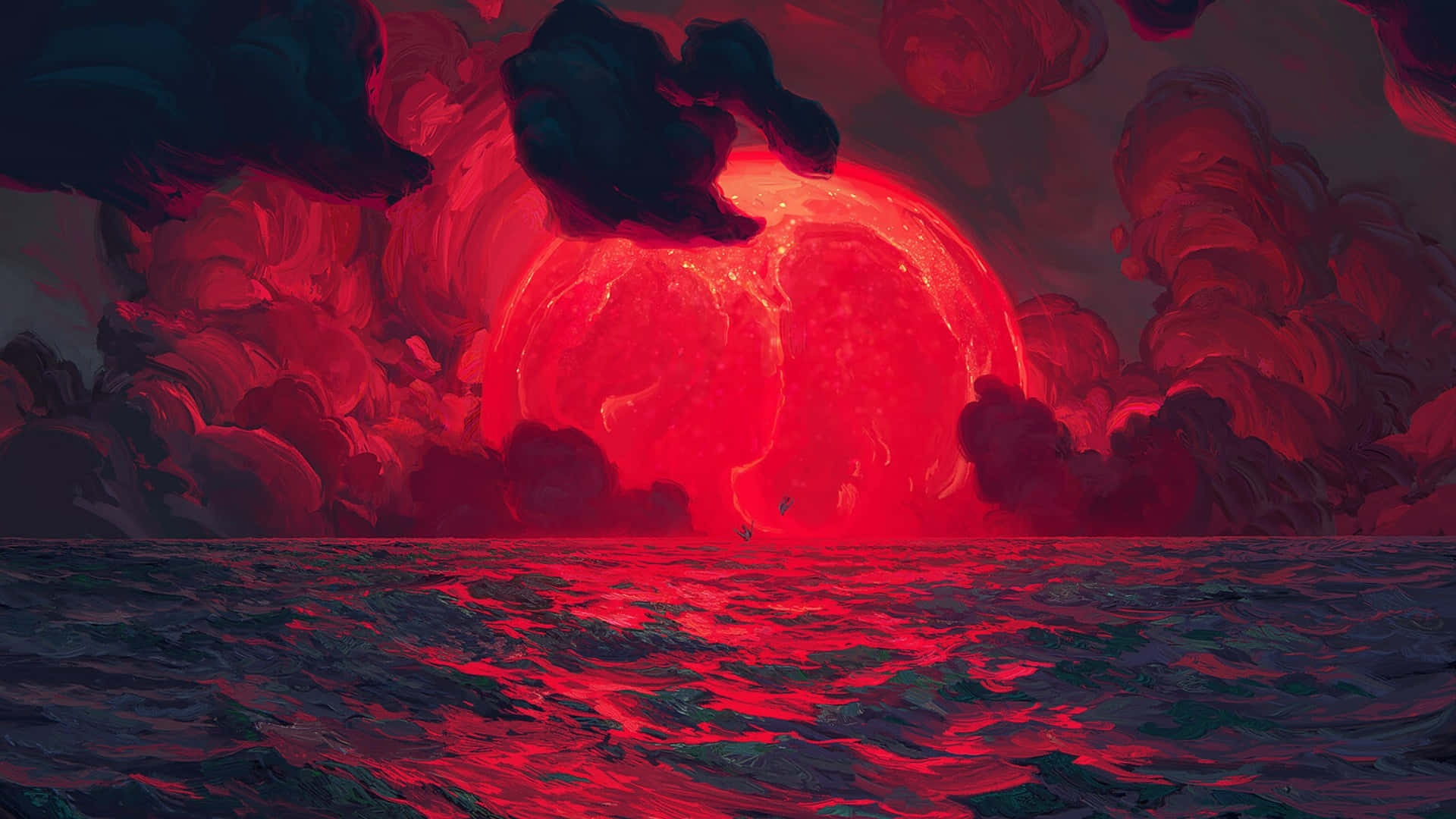 Solid Red 桌布 壁紙 — 一顆巨大的紅色太陽在暴風雲後發光，映照在反射其詭異光芒的黑暗海洋上。