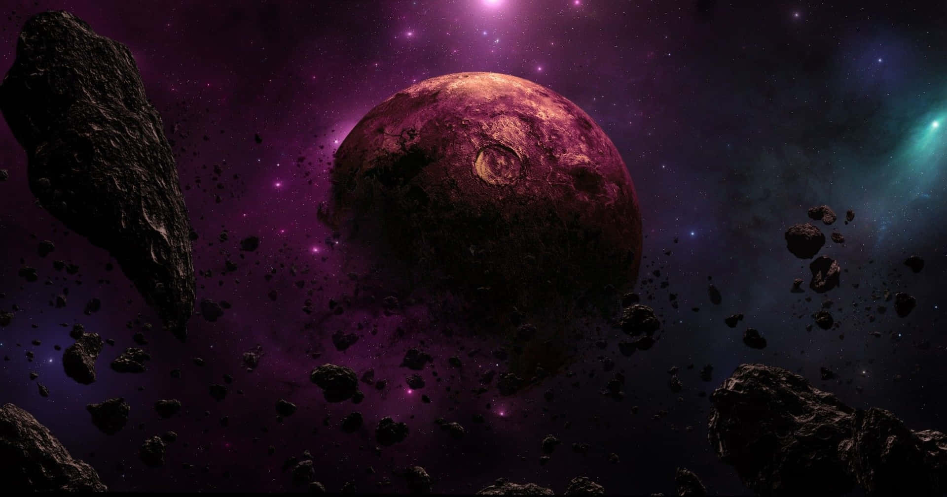Scary Space 桌布 壁紙 — 一顆巨大的紅色行星漂浮在漂浮的小行星之間，下方是充滿星星的充滿活力的紫色和藍綠色星雲。