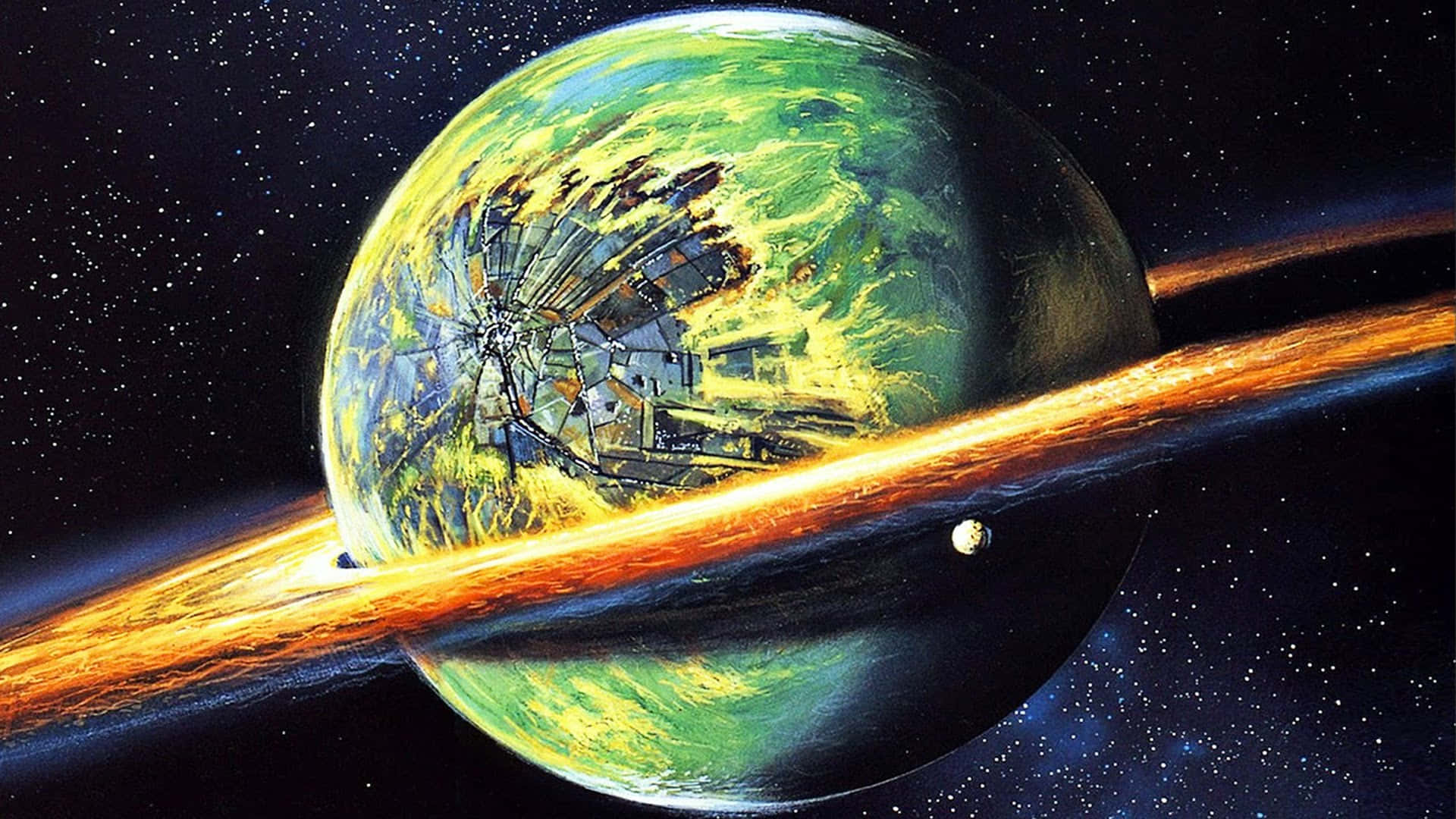行星動畫 桌布 壁紙 — 一顆巨大的綠色行星，帶有巨大的環系統和一個破碎的金屬結構嵌入其表面，漂浮在星空中。