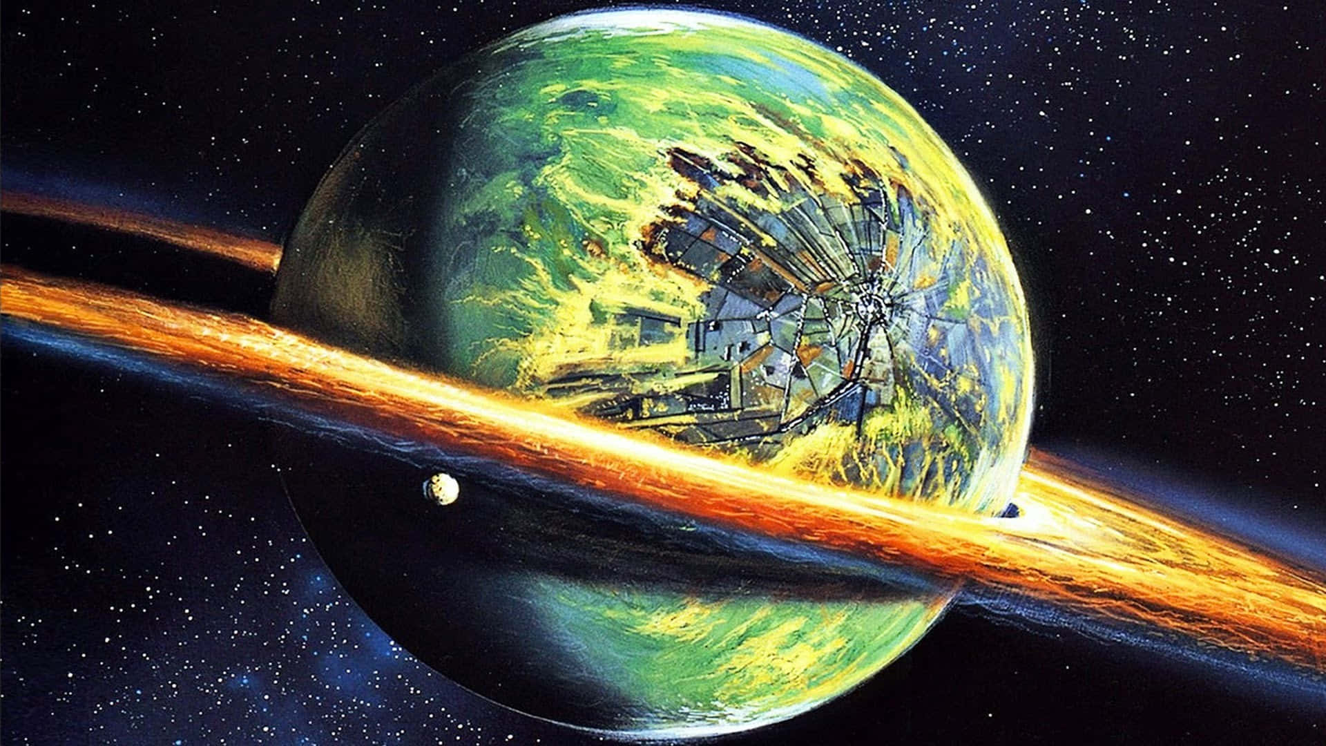 行星動畫 桌布 壁紙 — 一顆巨大的綠色行星，擁有巨大的環系統，表面嵌有破碎的金屬結構，漂浮在星空中。