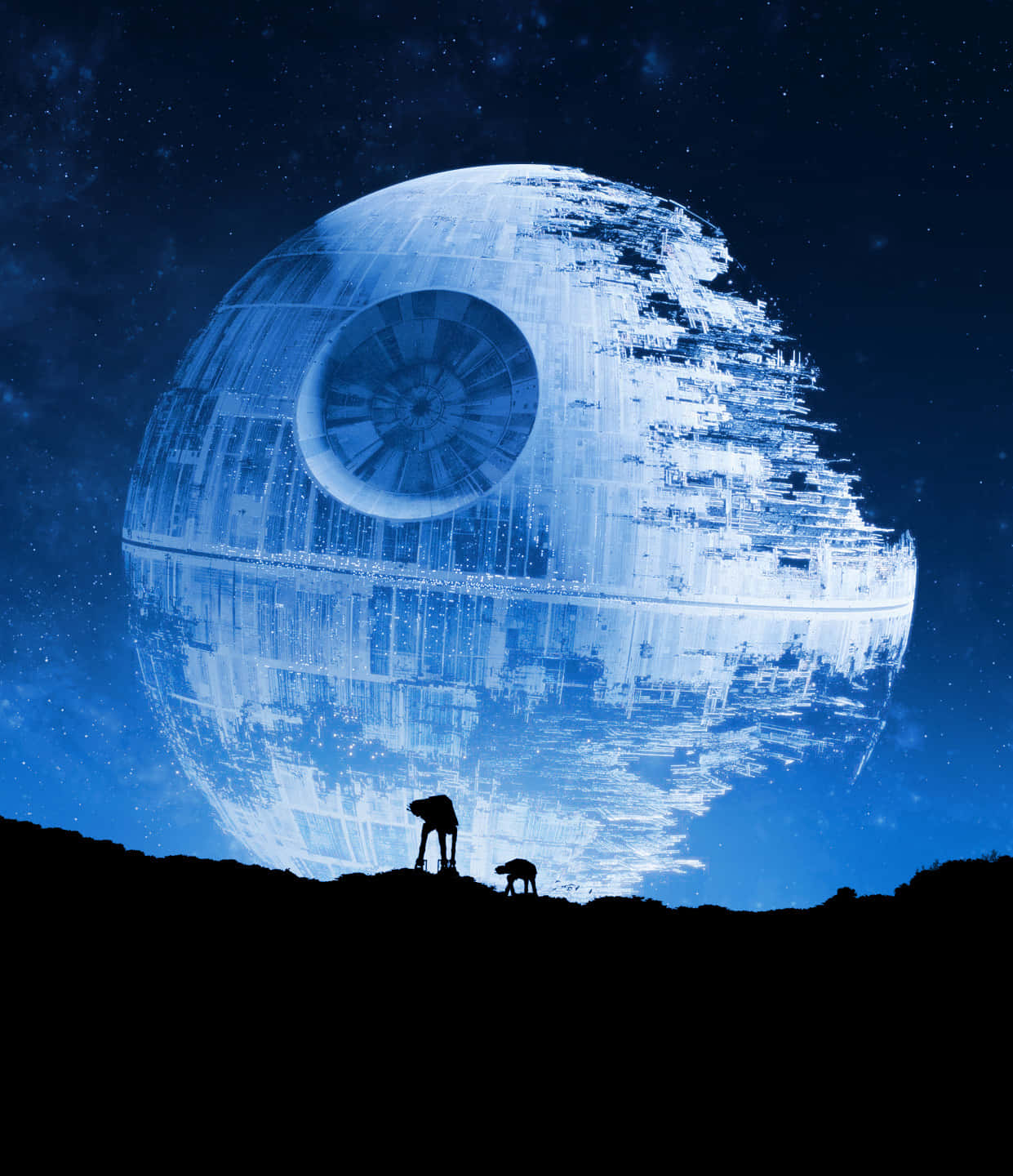 The Trade Federation 桌布 壁紙 — 一顆巨大的藍色死星籠罩在黑暗的景觀之上，下方有兩台AT-AT步行機在繁星點點的夜空下形成剪影。