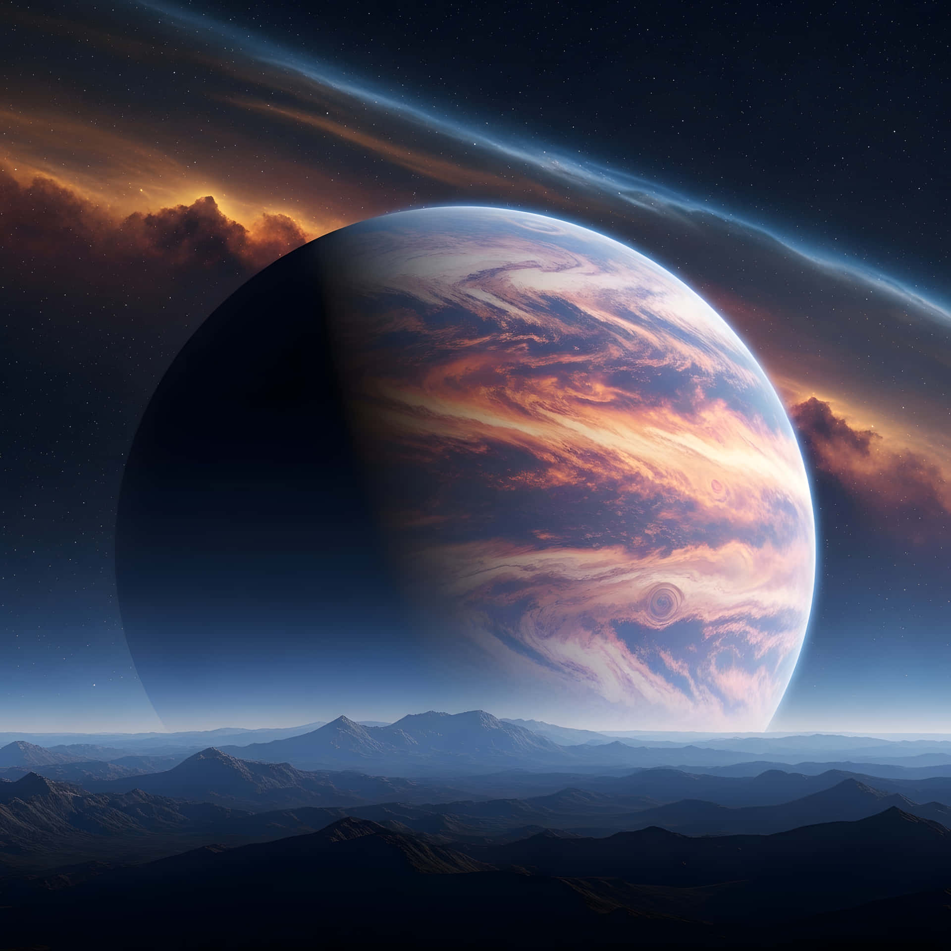 Planet over hills 壁紙 — 一顆巨大的行星，帶有旋轉的橙色和紫色雲層，籠罩在星空下的山脈外星景觀之上。