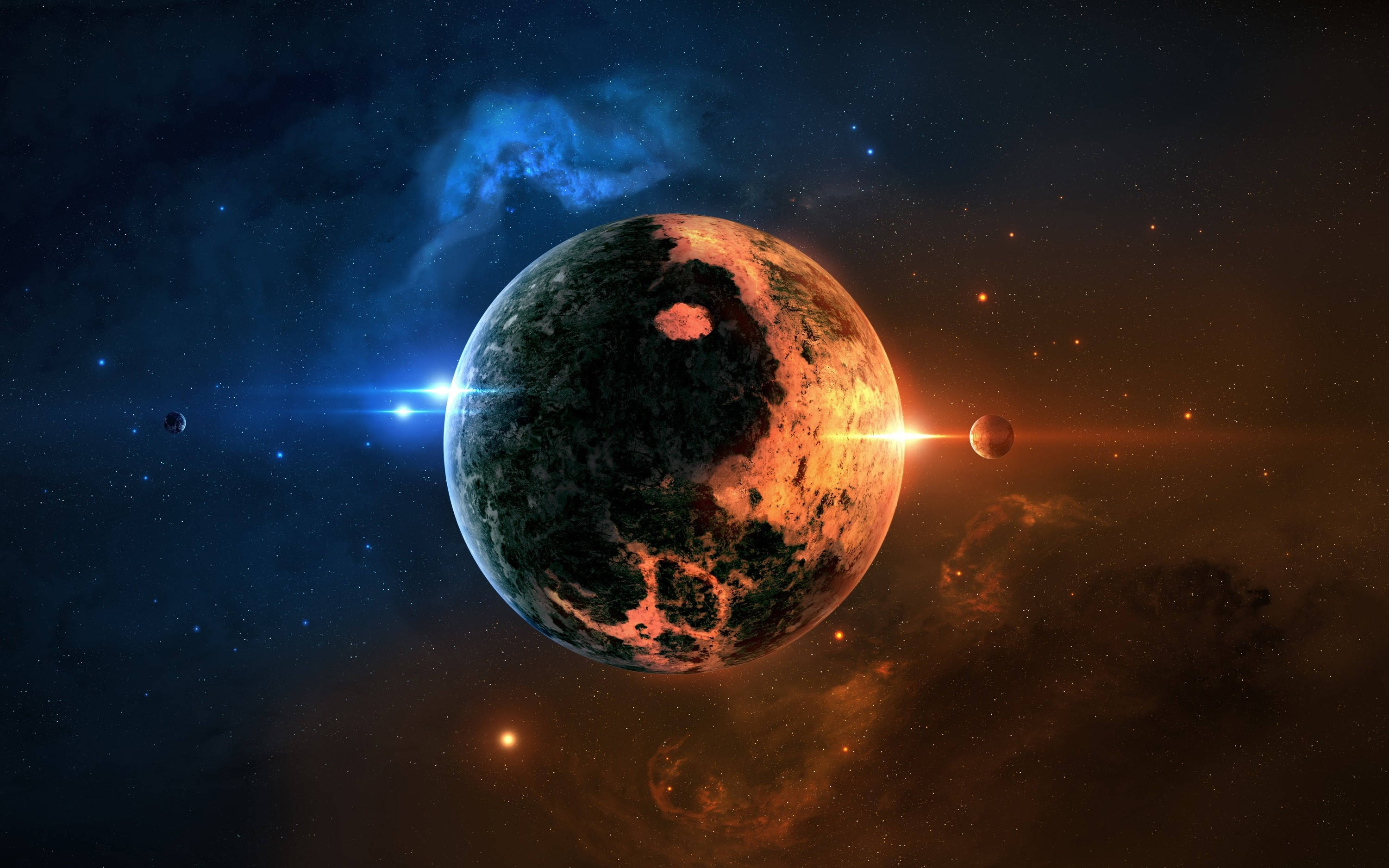 月亮與星星 桌布 壁紙 — 一顆巨大的行星，表面發出橙色和深綠色的光芒，在佈滿星星的宇宙背景下旋轉，背景中有鮮豔的星雲和遙遠的恆星。