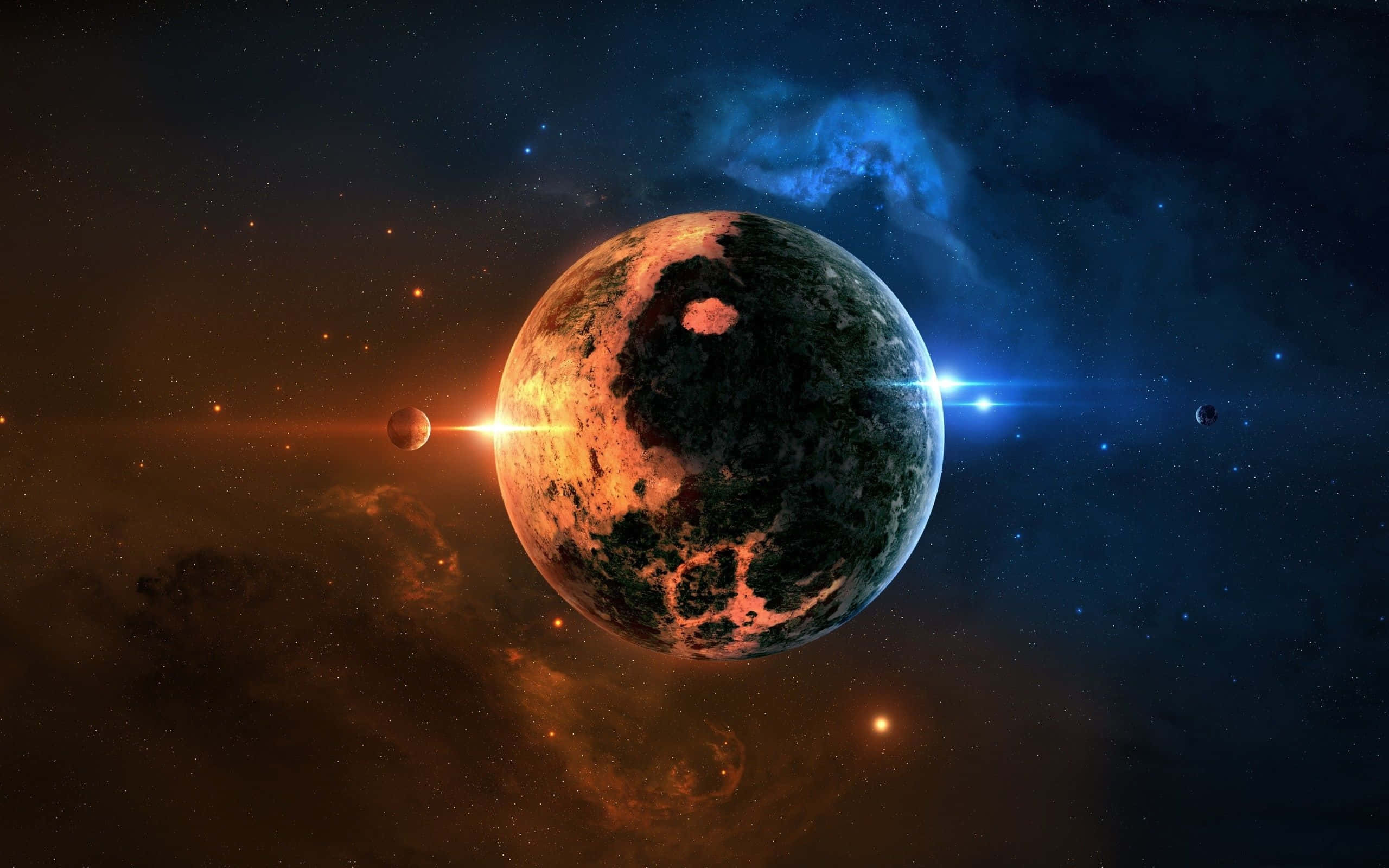 Yin Yang 4K 桌布 壁紙 — 一顆巨大的行星，表面發出橙色和深綠色光芒，在佈滿星星的宇宙背景下旋轉，周圍有鮮豔的星雲和遙遠的天體。