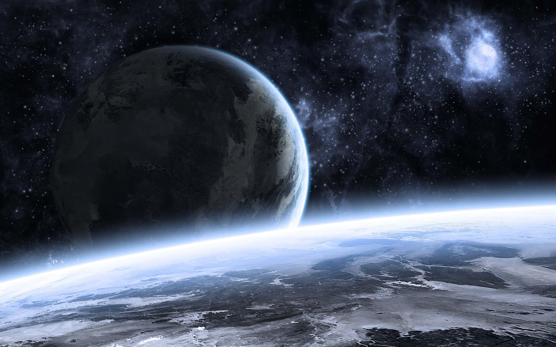 Beautiful Space 桌布 壁紙 — 一顆巨大的行星在星光燦爛的宇宙背景下，籠罩在發光的地平線之上，伴隨著明亮的星雲。