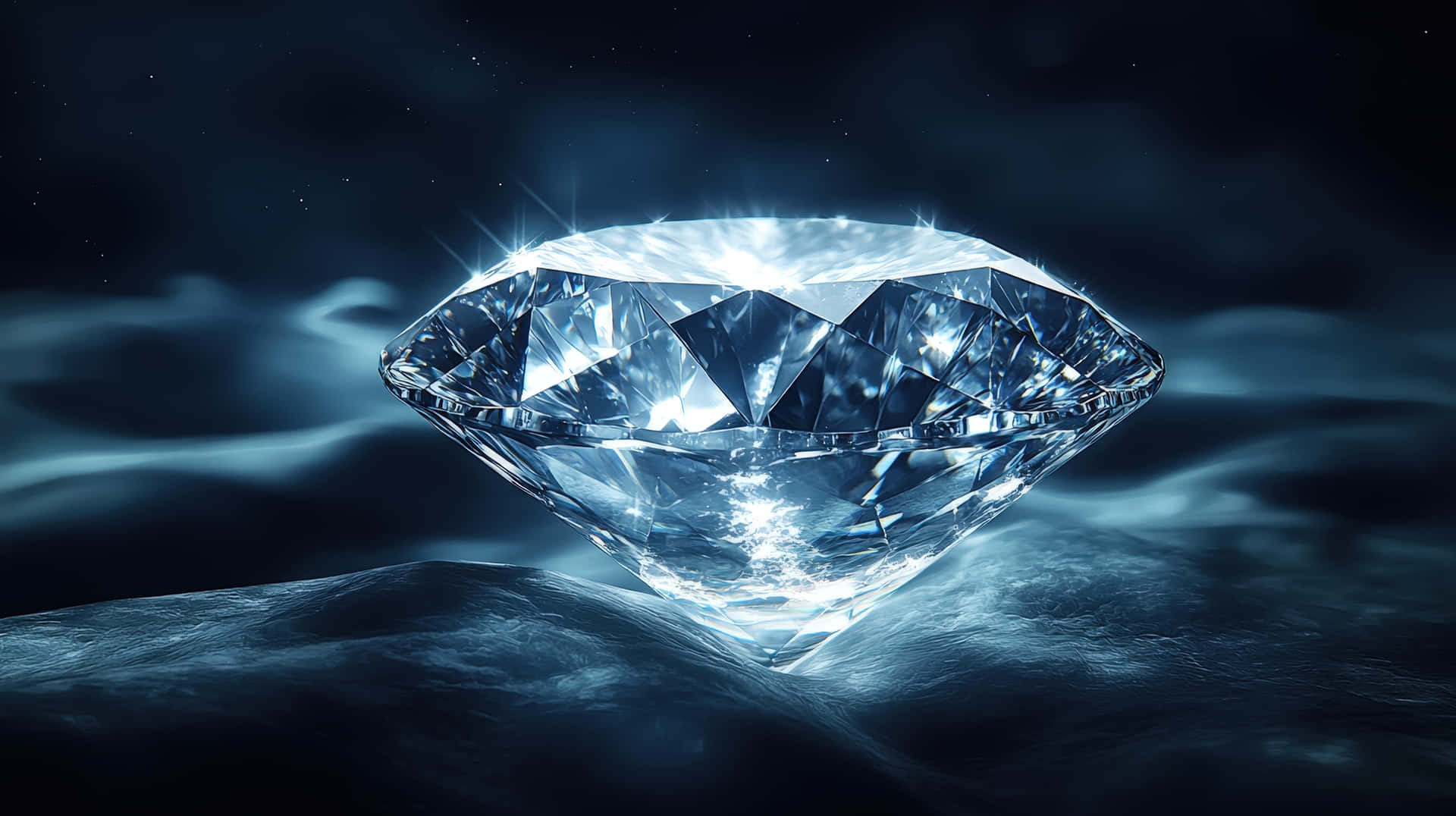 Glowing Diamond on Mysterious Dark Background 壁紙 — 一顆巨大的閃亮鑽石在黑暗暴風雨的藍天和湍急的雲層中閃爍著銳利的光折射。