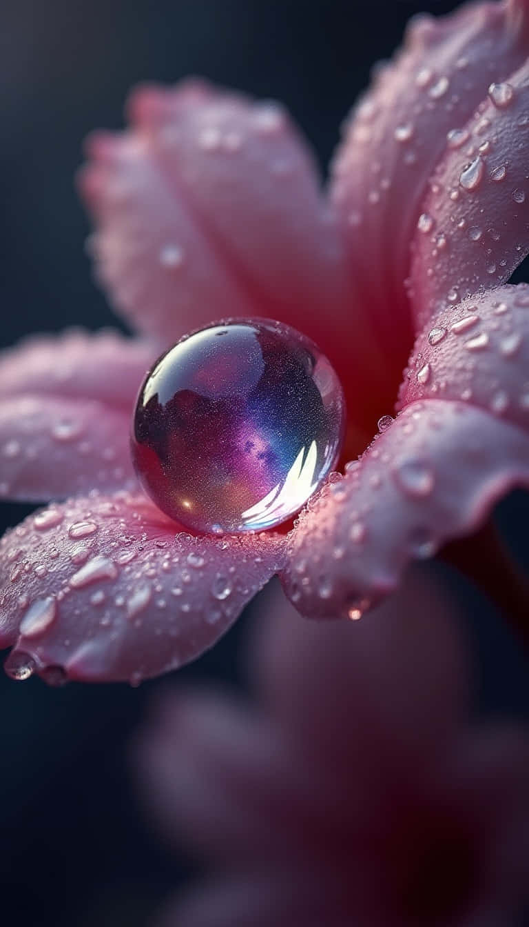 Flower 壁紙 — 一顆巨大的露珠停留在柔軟的粉紅色花瓣上，在黑暗模糊的背景中反射出宇宙星雲。