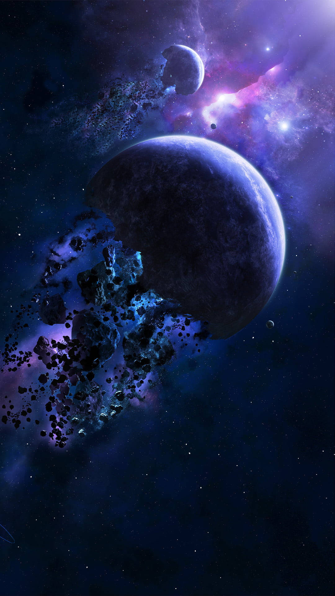 外太空 桌布 壁紙 — 一顆巨大的黑暗行星，帶有破碎的衛星和發光的紫色星雲，在佈滿星辰的宇宙虛空中漂流。