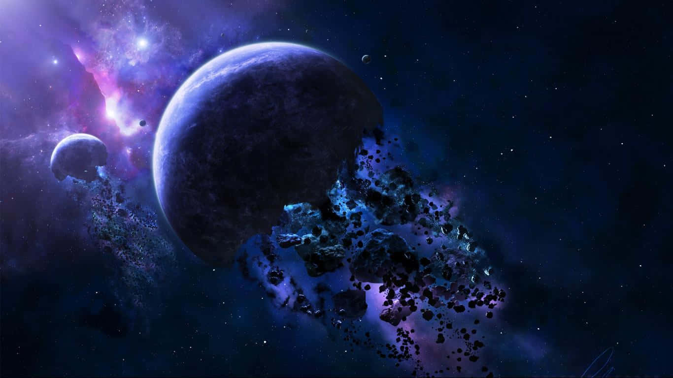 太空 桌布 壁紙 — 一顆巨大的黑暗行星在充滿恆星的鮮豔紫色和藍色星雲中碎裂成碎片。