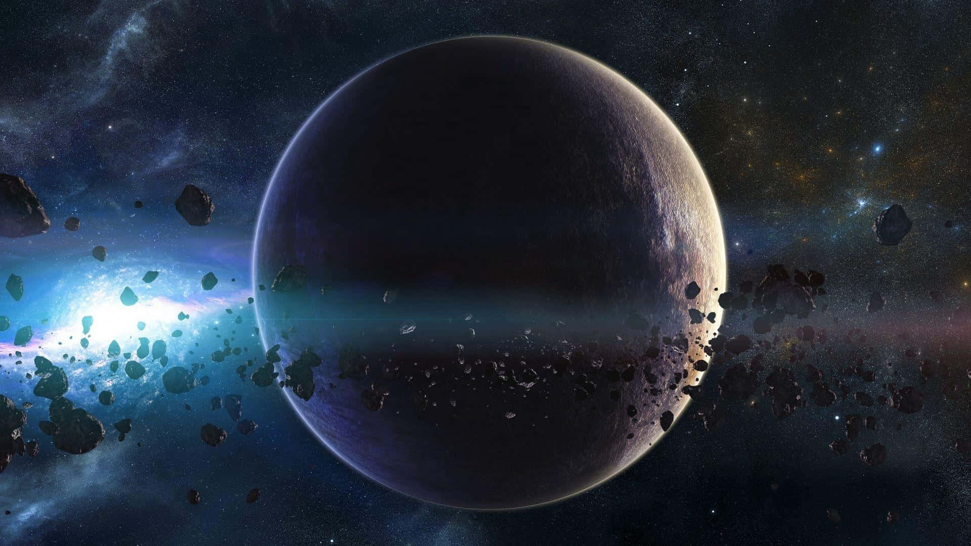 Asteroid 桌布 壁紙 — 一顆巨大的黑暗行星在星場中隱現，小行星在深空中飄過發光的星雲。
