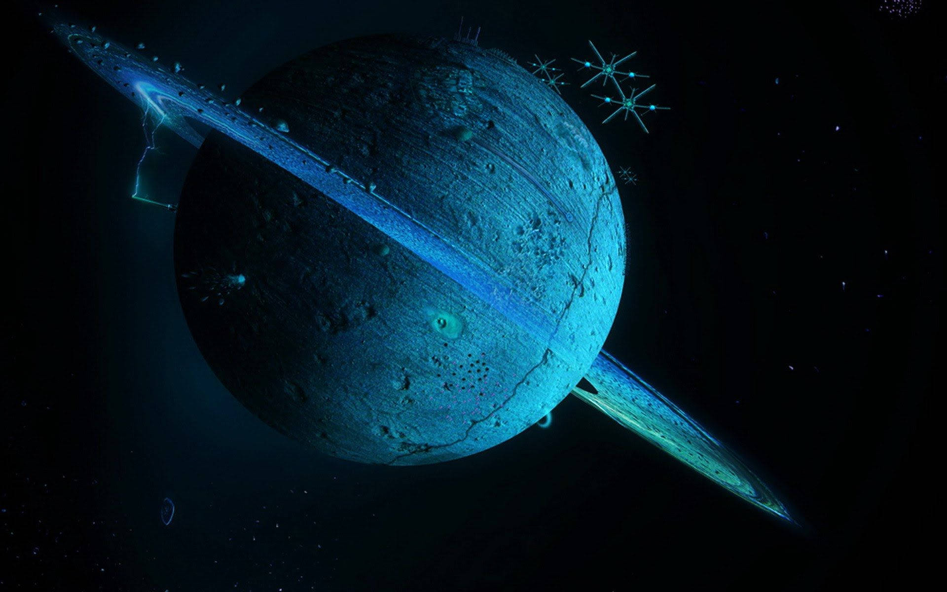 太陽系 桌布 壁紙 — 一顆帶有光環和星座的發光藍色行星漂浮在黑色虛空的深空中。
