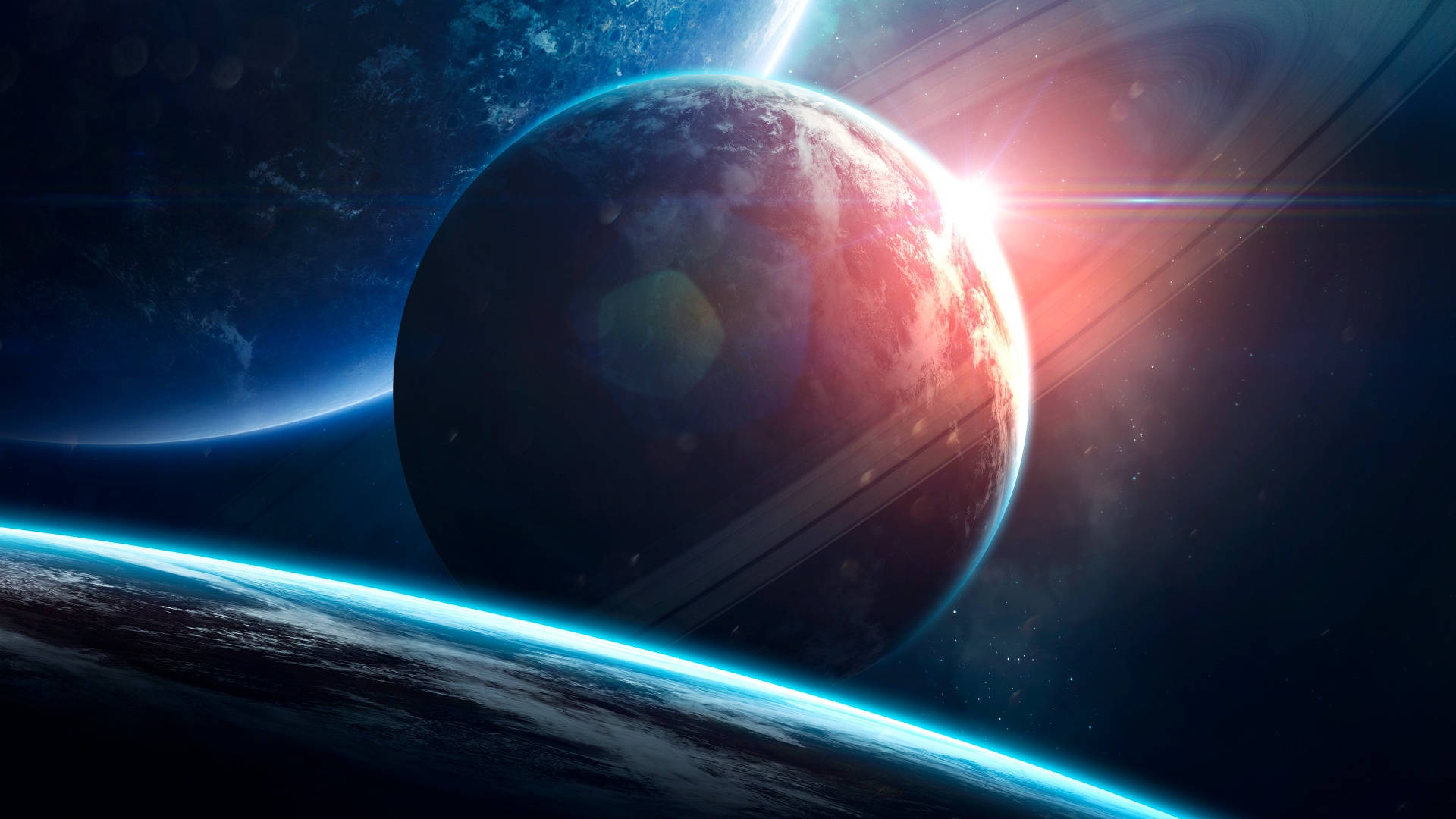 宇宙美學 桌布 壁紙 — 一顆帶有光環的發光紅色行星在一顆藍色行星附近運行，同時一顆明亮的恆星在太空中閃耀。