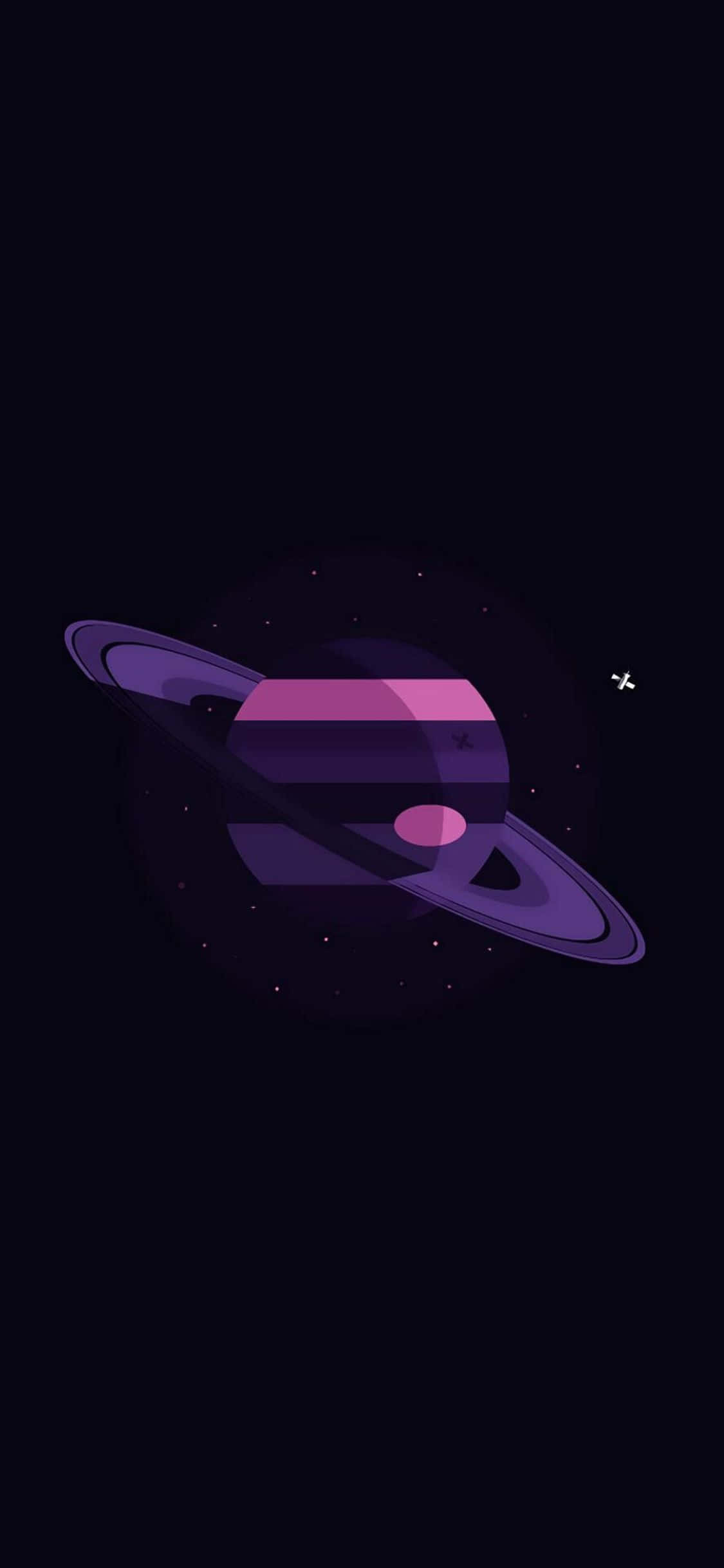 iPhone Xs Minimal 桌布 壁紙 — 一顆帶有光環的風格化紫色行星在黑暗宇宙背景下漂浮於繁星點點的夜空之中。
